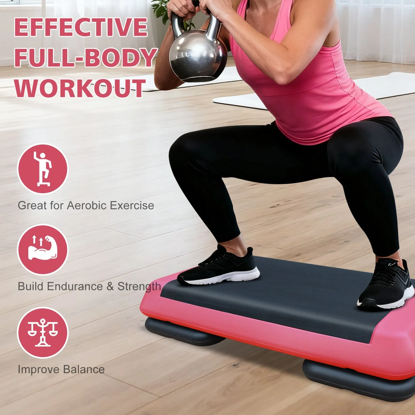 Aerobic Stepper, 76cm/28.5" Adjustable Workout Platform with 2 Risers, Red Black - Image 7
