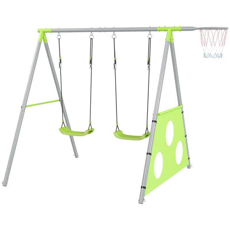 AIYAPLAY 3 in 1 Swing Set, Outdoor with 2 Swings, Basketball Hoop, Soccer Goal, Metal Frame - Image 2