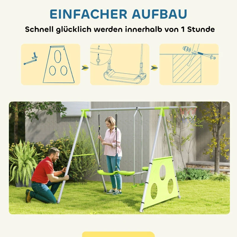 AIYAPLAY 3 in 1 Swing Set, Outdoor with 2 Swings, Basketball Hoop, Soccer Goal, Metal Frame - Image 4