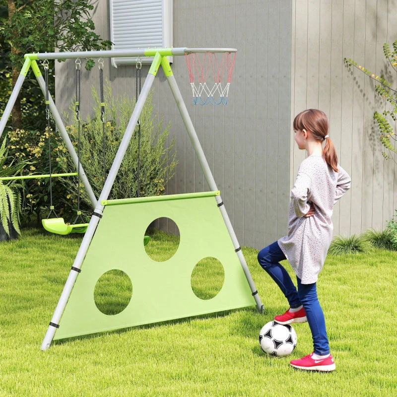 AIYAPLAY 3 in 1 Swing Set, Outdoor with 2 Swings, Basketball Hoop, Soccer Goal, Metal Frame - Image 8