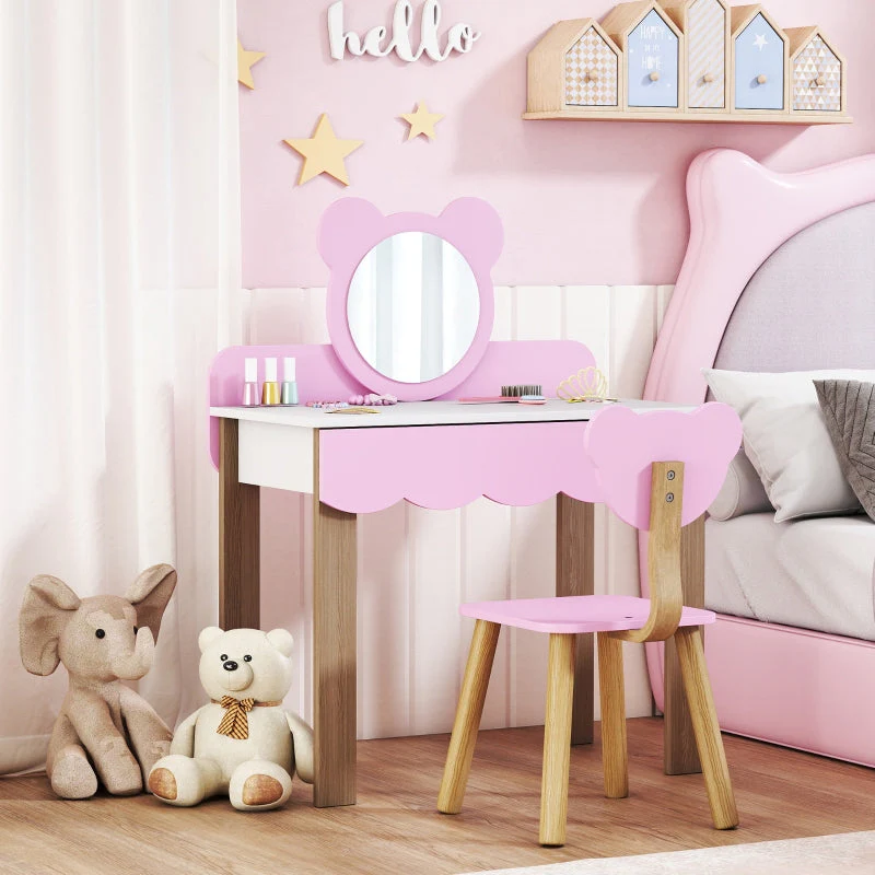 AIYAPLAY Dressing Table Set with Stool, Makeup Mirror, Bear Shape, MDF, Pink - Image 2