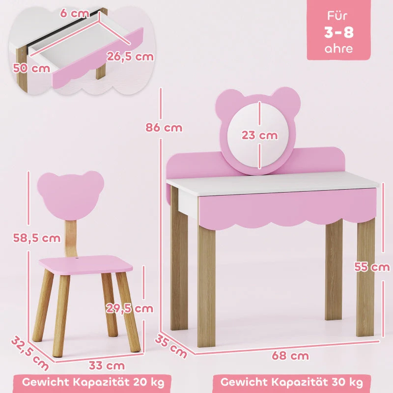 AIYAPLAY Dressing Table Set with Stool, Makeup Mirror, Bear Shape, MDF, Pink - Image 3