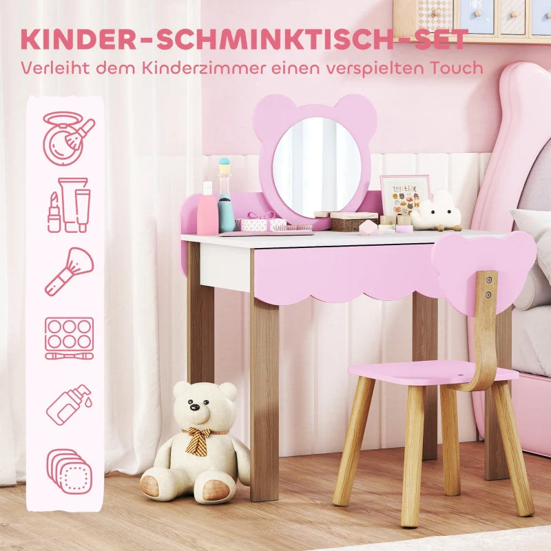 AIYAPLAY Dressing Table Set with Stool, Makeup Mirror, Bear Shape, MDF, Pink - Image 4