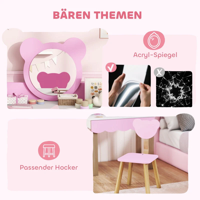 AIYAPLAY Dressing Table Set with Stool, Makeup Mirror, Bear Shape, MDF, Pink - Image 5