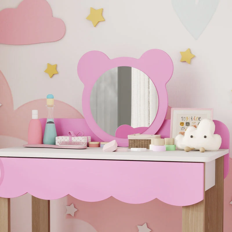 AIYAPLAY Dressing Table Set with Stool, Makeup Mirror, Bear Shape, MDF, Pink - Image 6