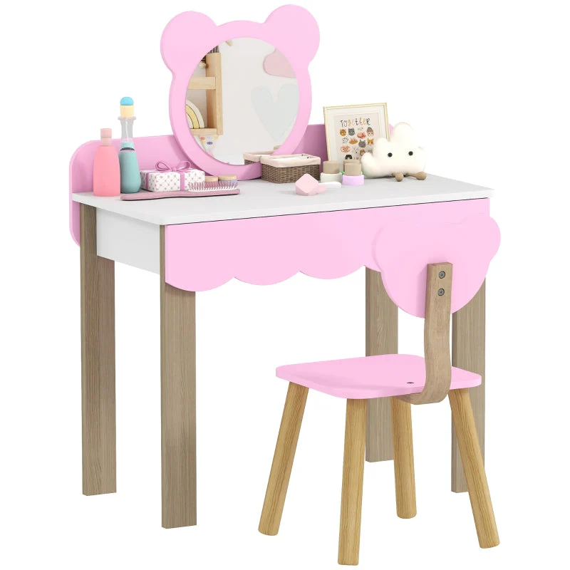 AIYAPLAY Dressing Table Set with Stool, Makeup Mirror, Bear Shape, MDF, Pink - Image 8