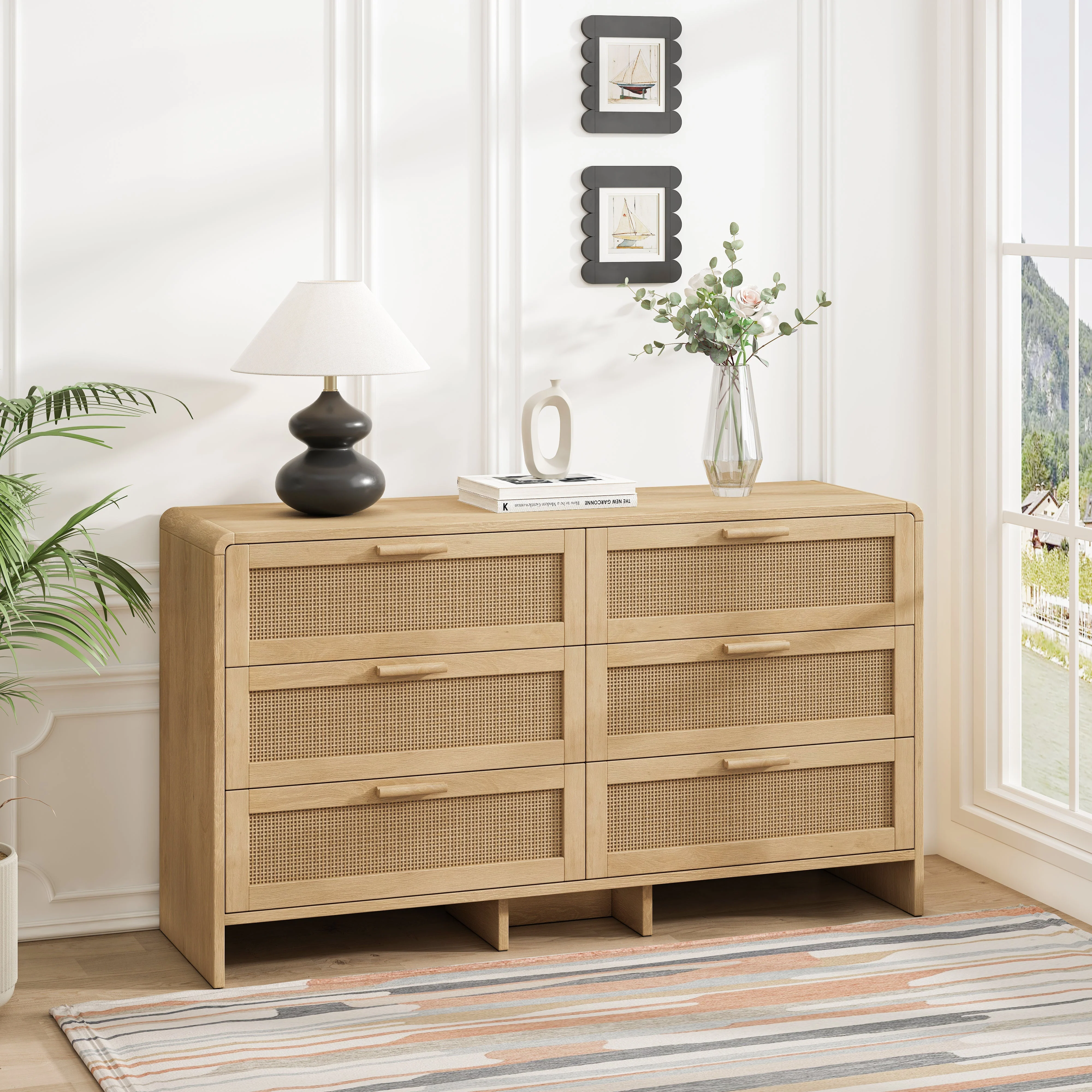 Arc Shaped Corner Cabinet, 6-Drawers Rattan Storage, Natural - Image 2