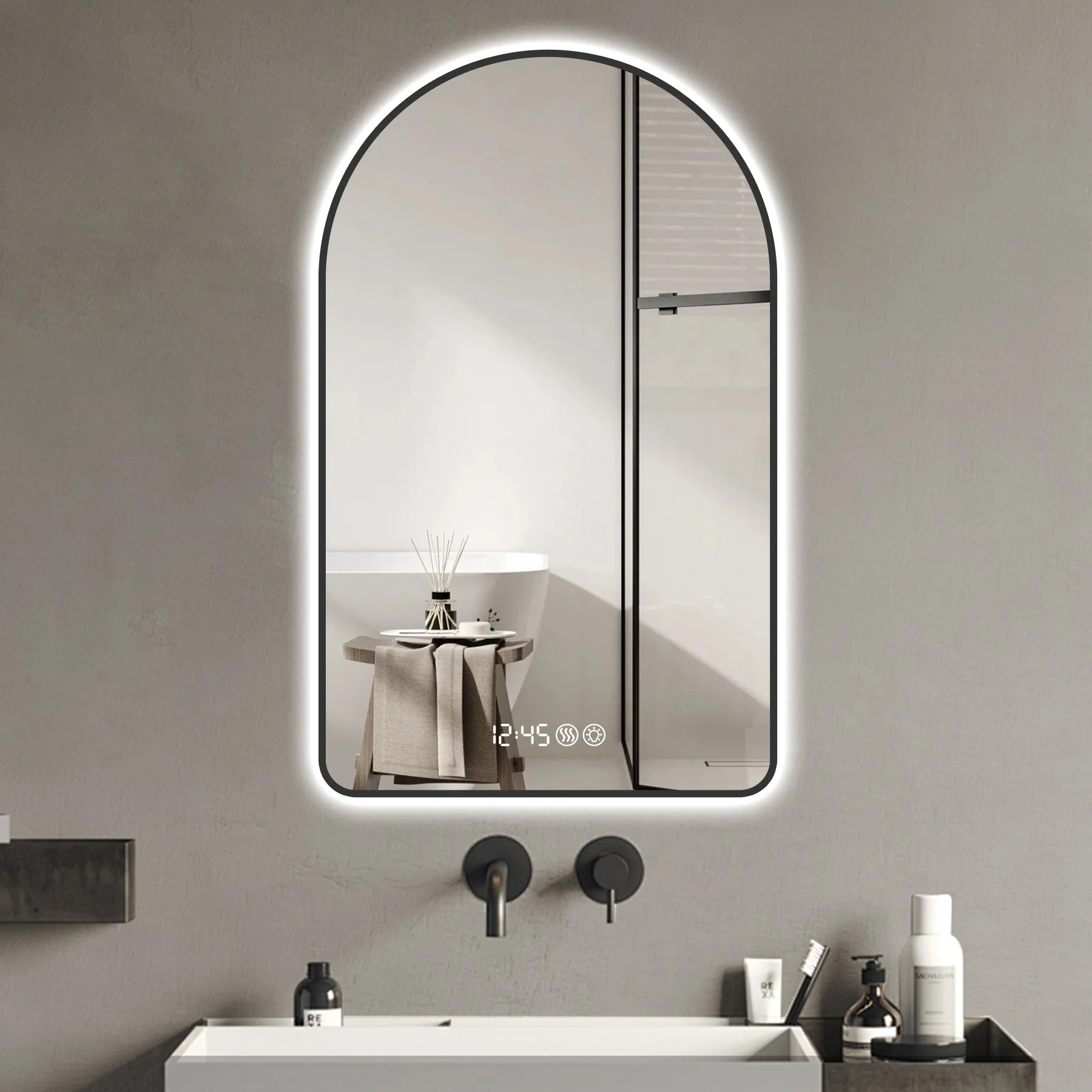 Arched LED Bathroom Mirror 60x120cm, Anti-Fog, Dimmable, Temp Display, Black Frame - Image 3