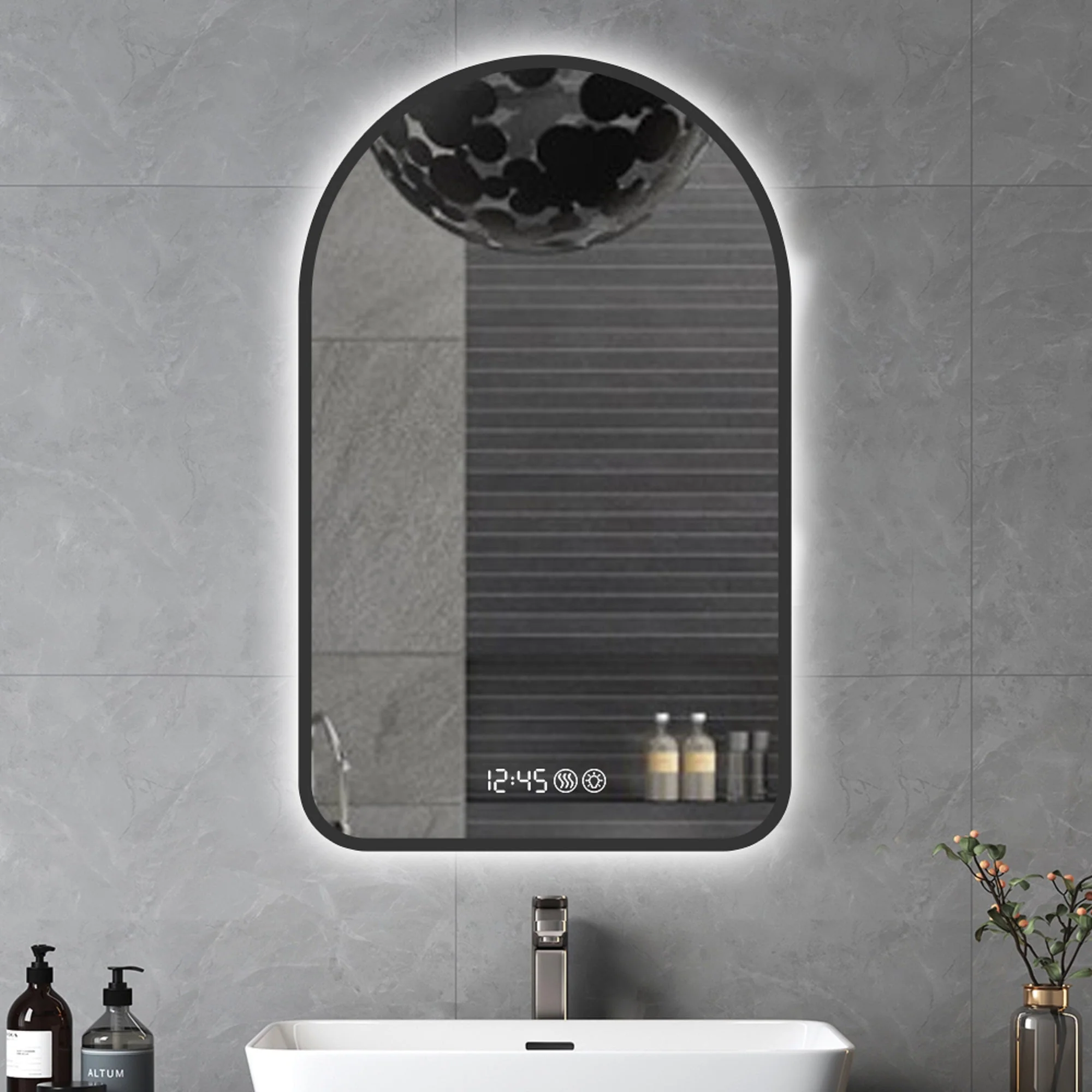 Arched LED Bathroom Mirror 60x120cm, Anti-Fog, Dimmable, Temp Display, Black Frame - Image 5