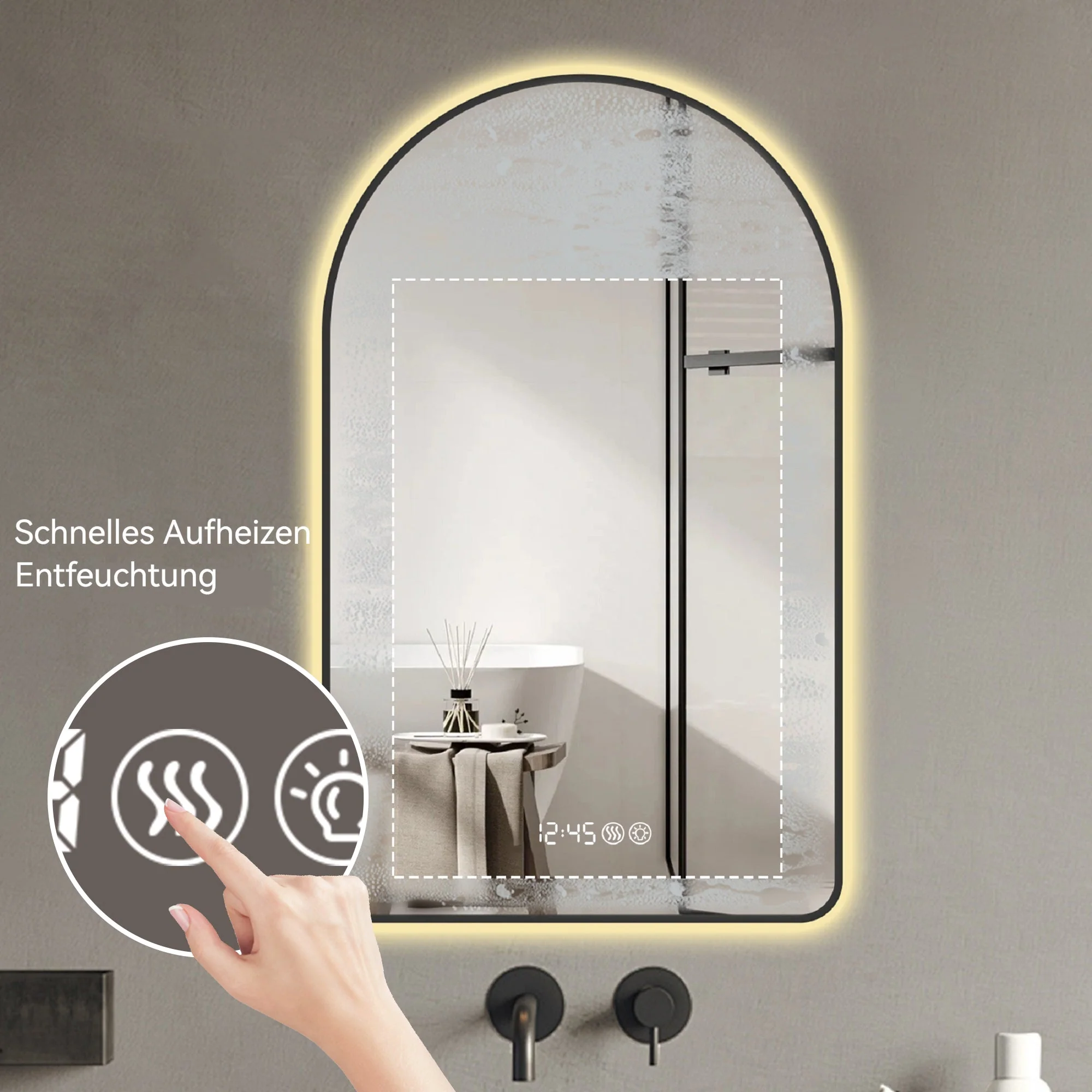Arched LED Bathroom Mirror 60x120cm, Anti-Fog, Dimmable, Temp Display, Black Frame - Image 7
