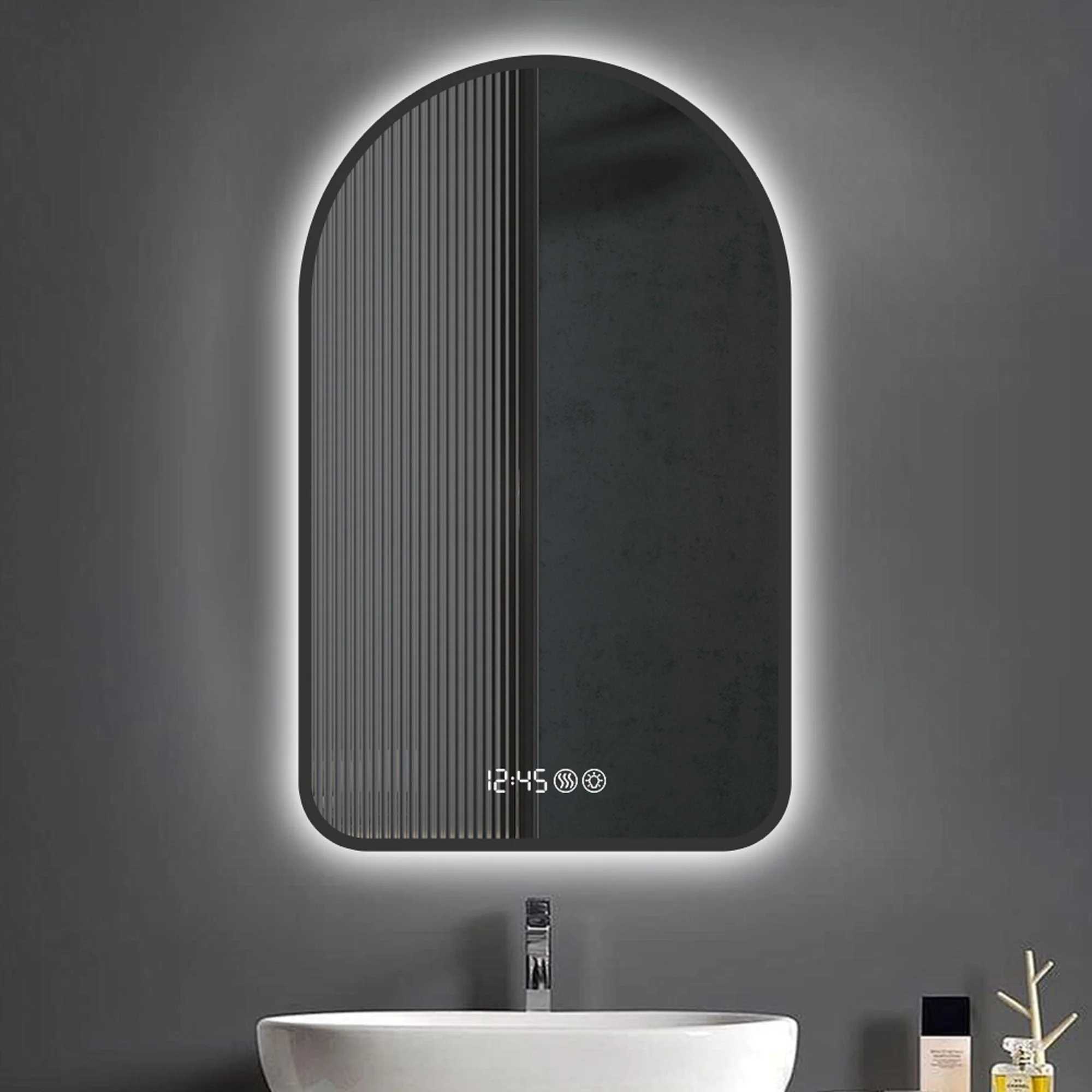 Arched LED Bathroom Mirror, 70x120cm, Anti-Fog, Dimmable, Time/Temp Display, Black Frame - Image 4