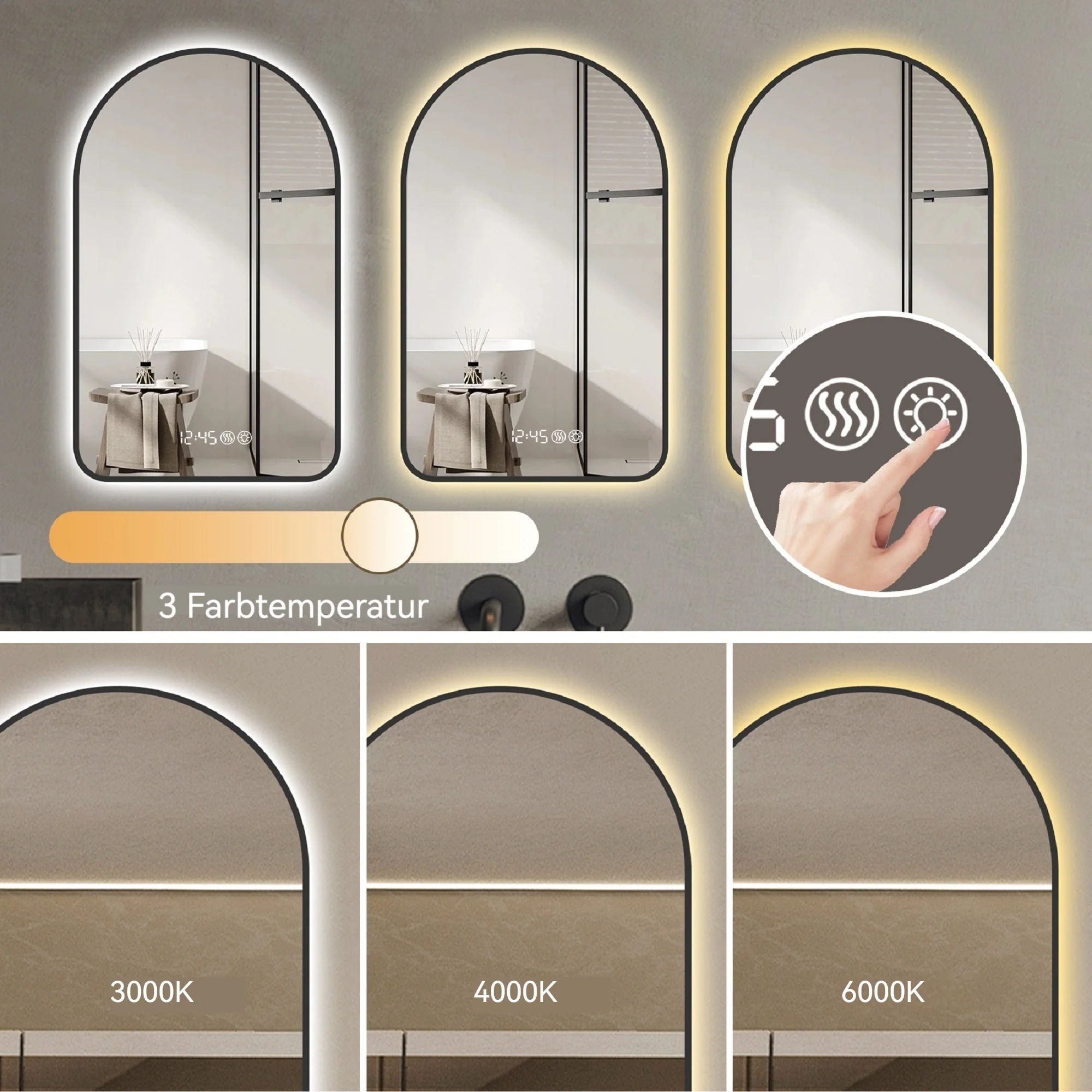 Arched LED Bathroom Mirror, 70x120cm, Anti-Fog, Dimmable, Time/Temp Display, Black Frame - Image 7