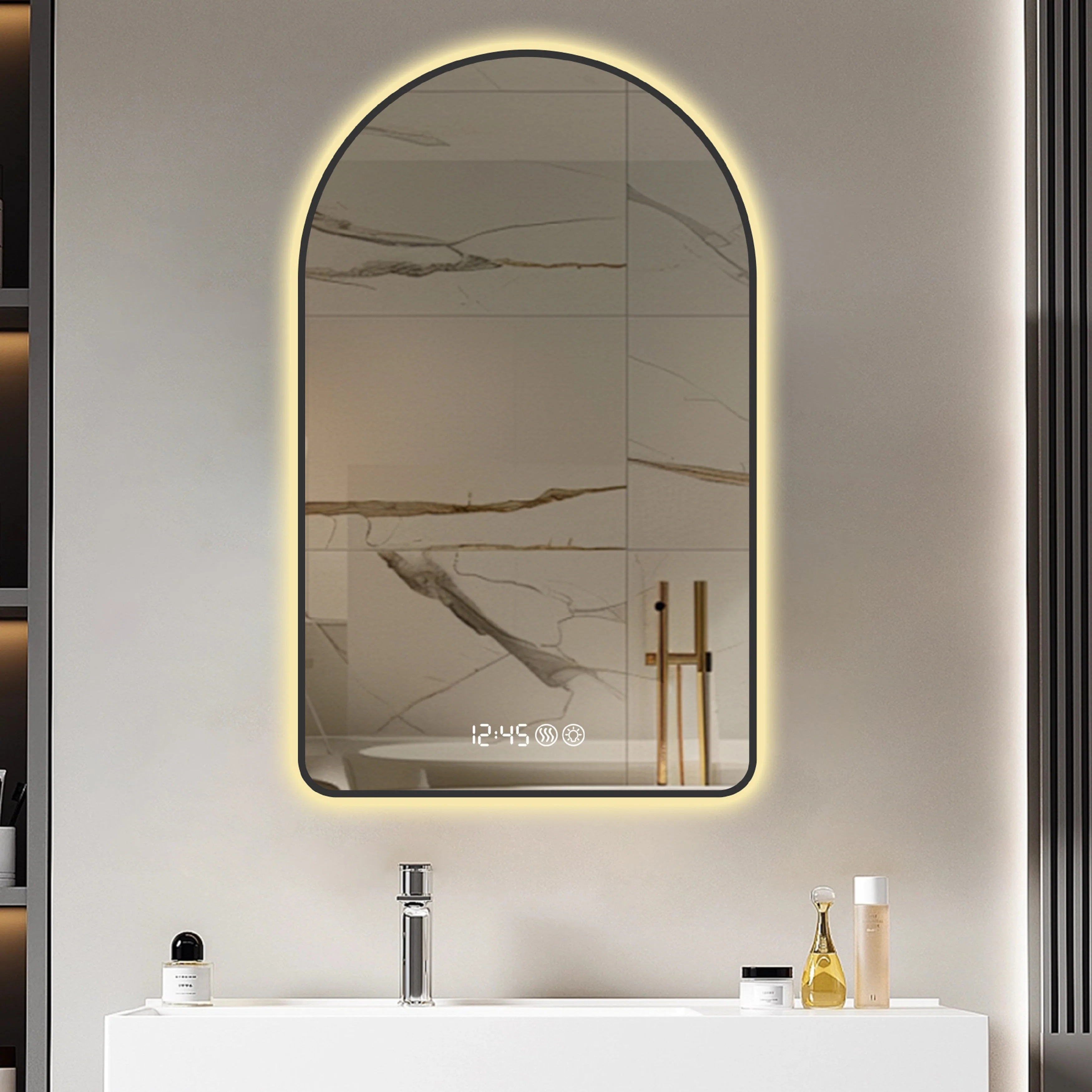 Arched LED Bathroom Mirror, 70x120cm, Anti-Fog, Dimmable, Time/Temp Display, Black Frame - Image 8