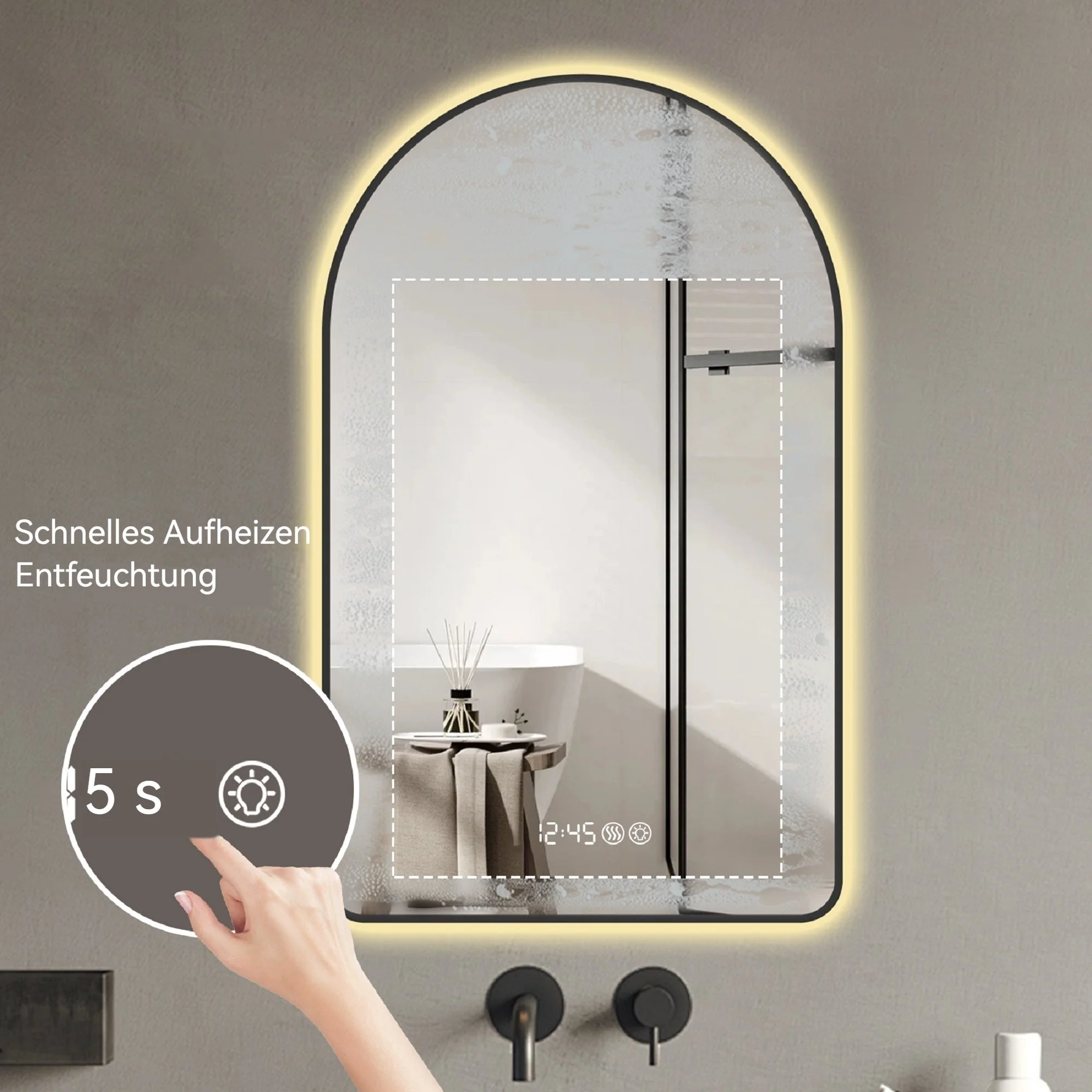 Arched LED Bathroom Mirror, 70x120cm, Anti-Fog, Dimmable, Time/Temp Display, Black Frame - Image 9