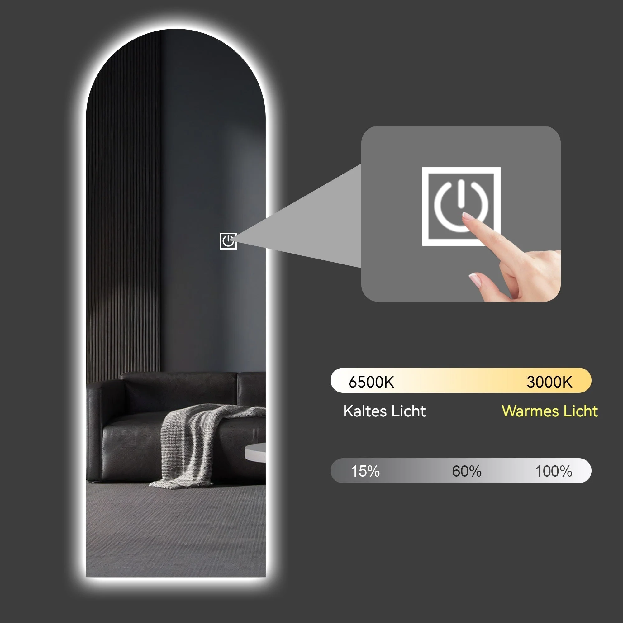 Arched LED Full-Length Mirror, Dimmable High-Resolution Explosion-Proof, Stand or Wall Mountable - Image 8