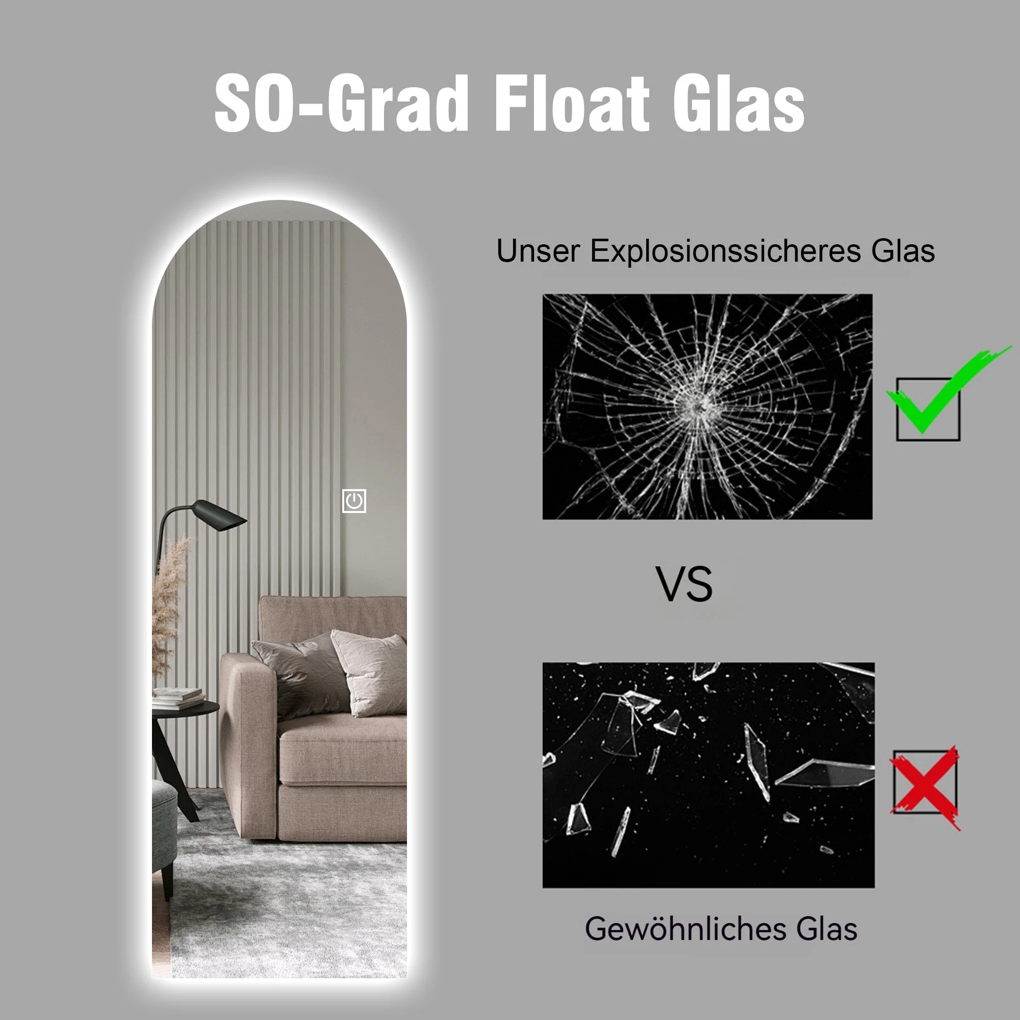Arched LED Full-Length Mirror, Dimmable High-Resolution Explosion-Proof, Stand or Wall Mountable - Image 9