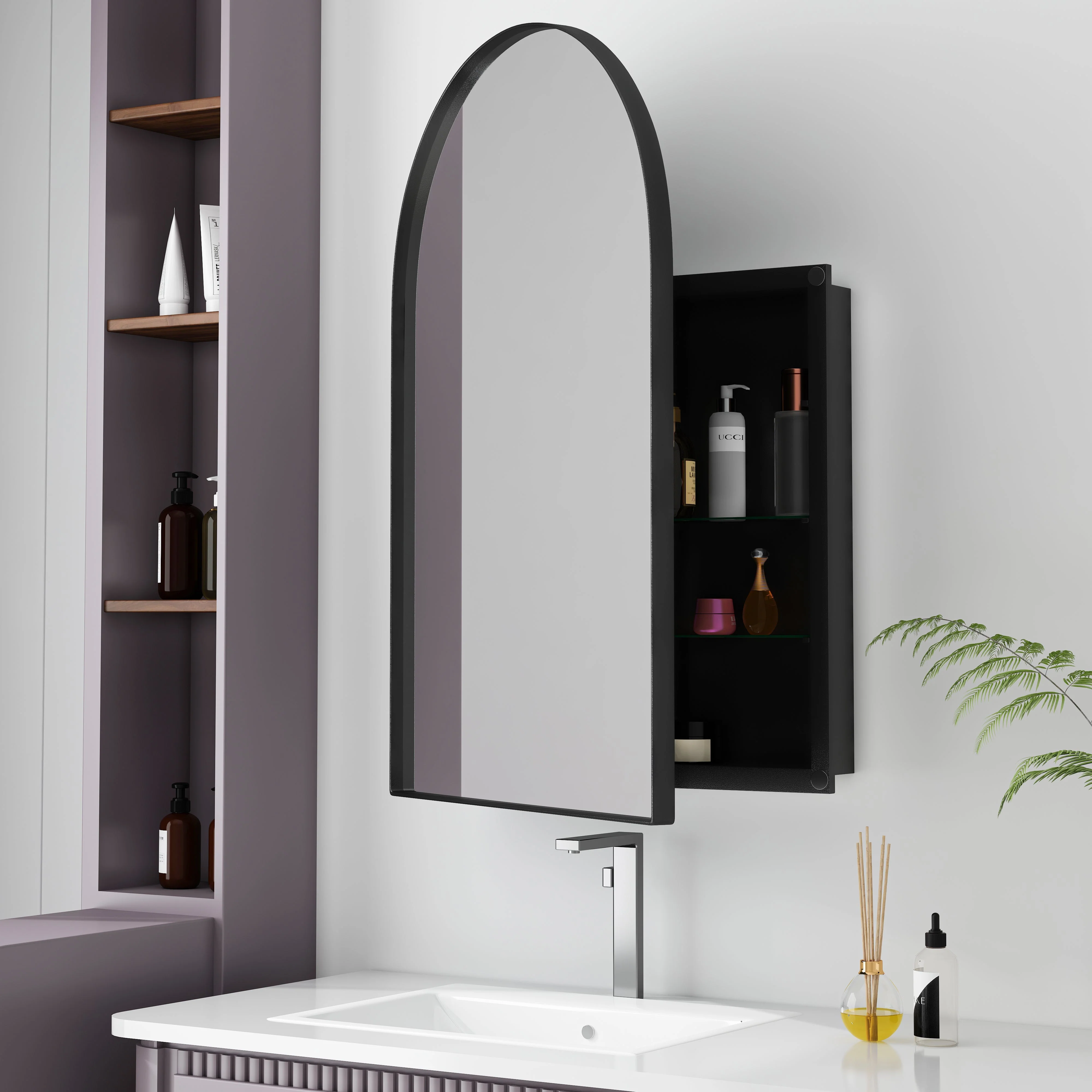 Arched Mirror Cabinet, Recessed Medicine Wall Storage, Black Metal Framed - Image 2