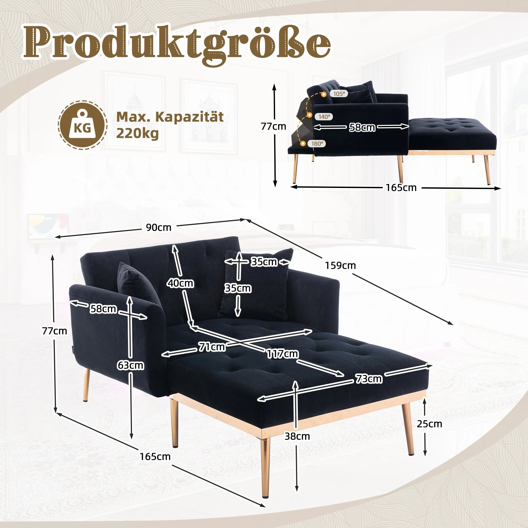 Armchair, Adjustable Backrest Folding Recliner, Ferrous - Image 9