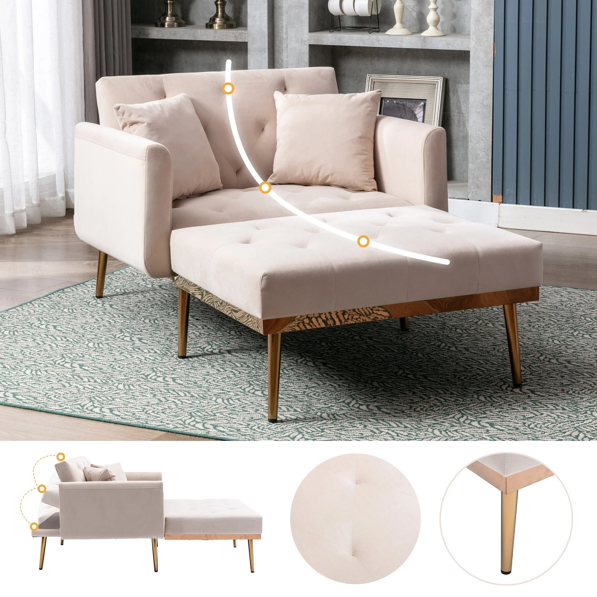 Armchair, Adjustable Backrest Recliner Folding Sofa, Beige