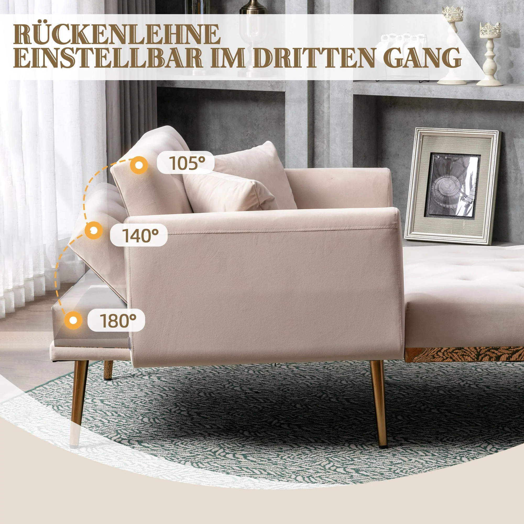 Armchair, Adjustable Backrest Recliner Folding Sofa, Beige - Image 3