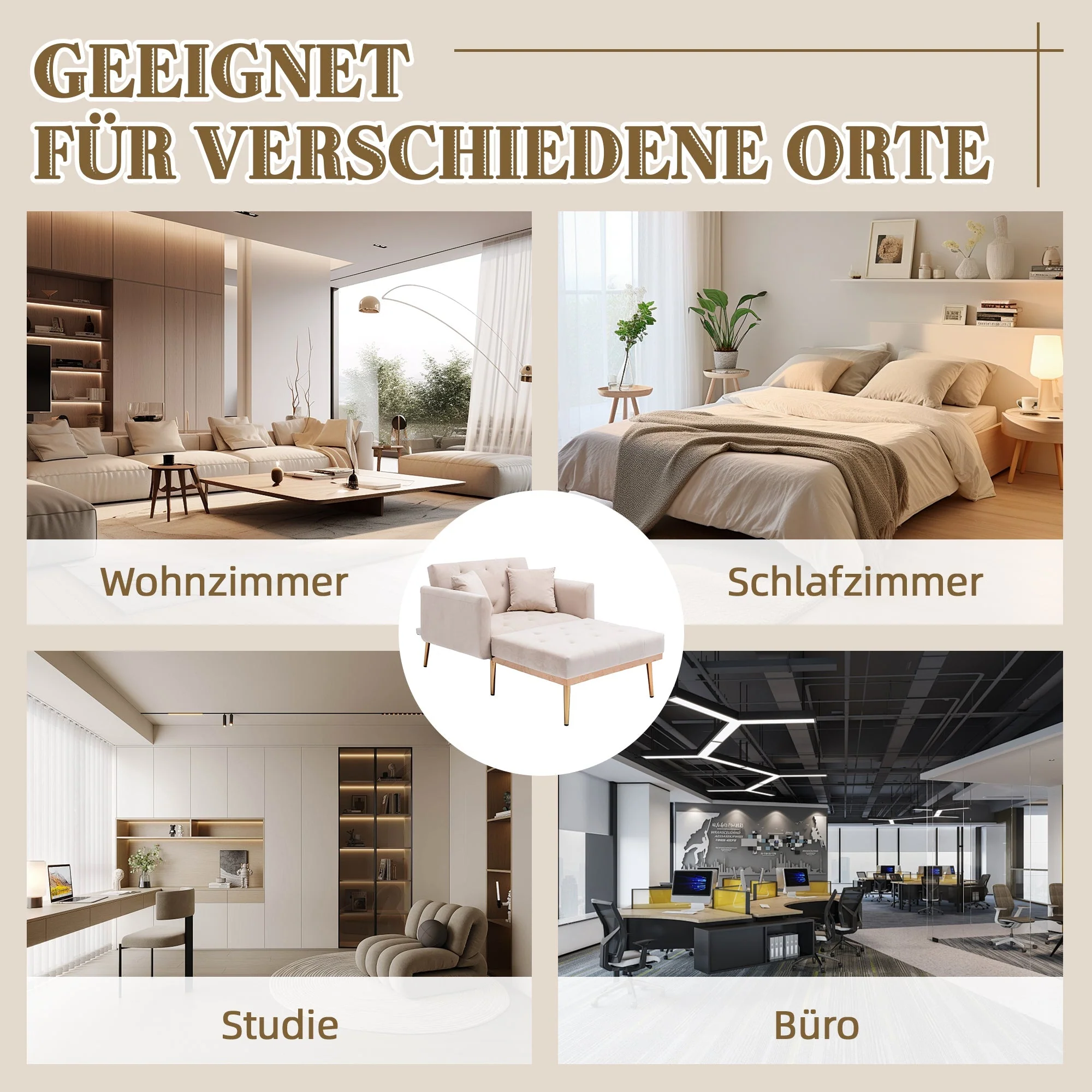 Armchair, Adjustable Backrest Recliner Folding Sofa, Beige - Image 4