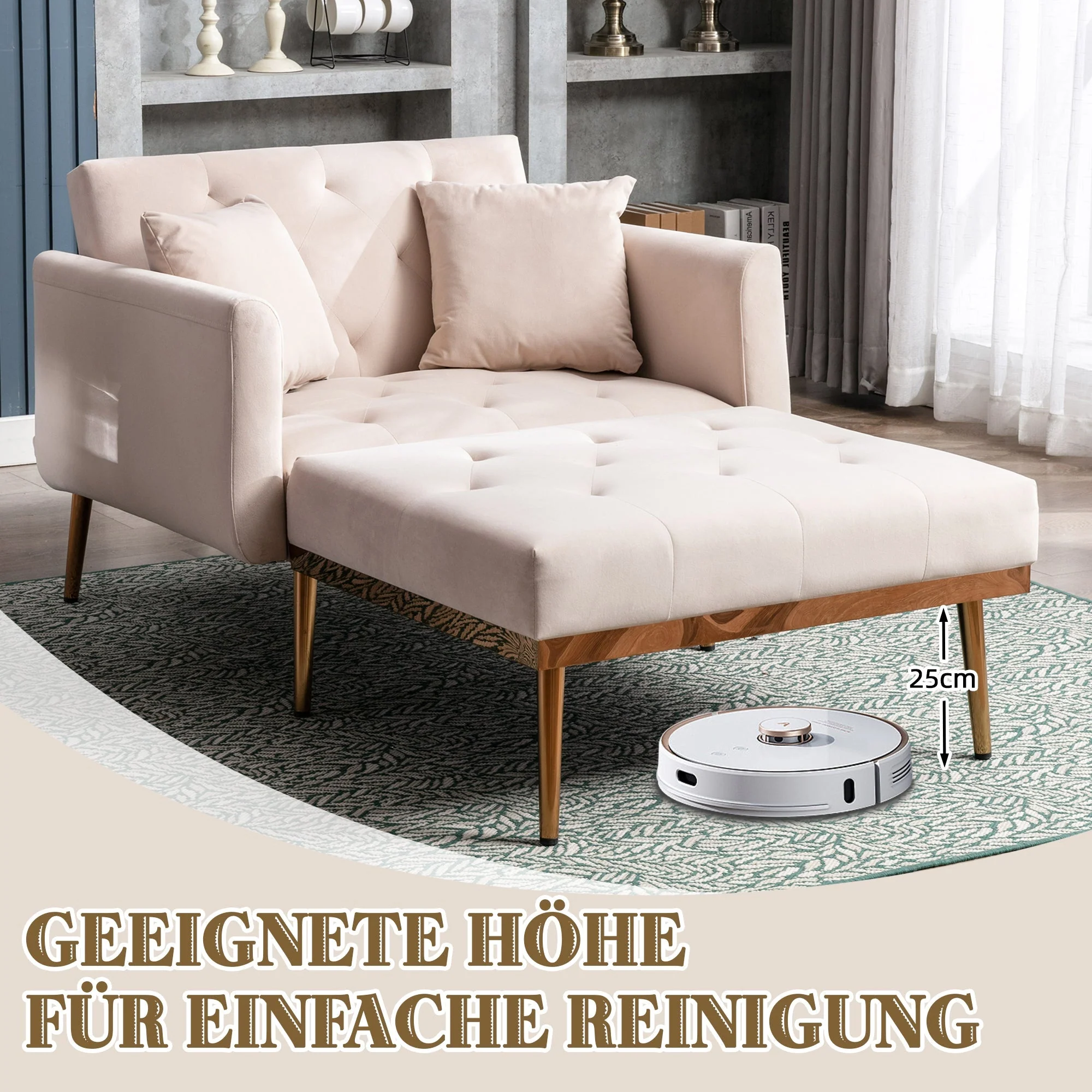 Armchair, Adjustable Backrest Recliner Folding Sofa, Beige - Image 5