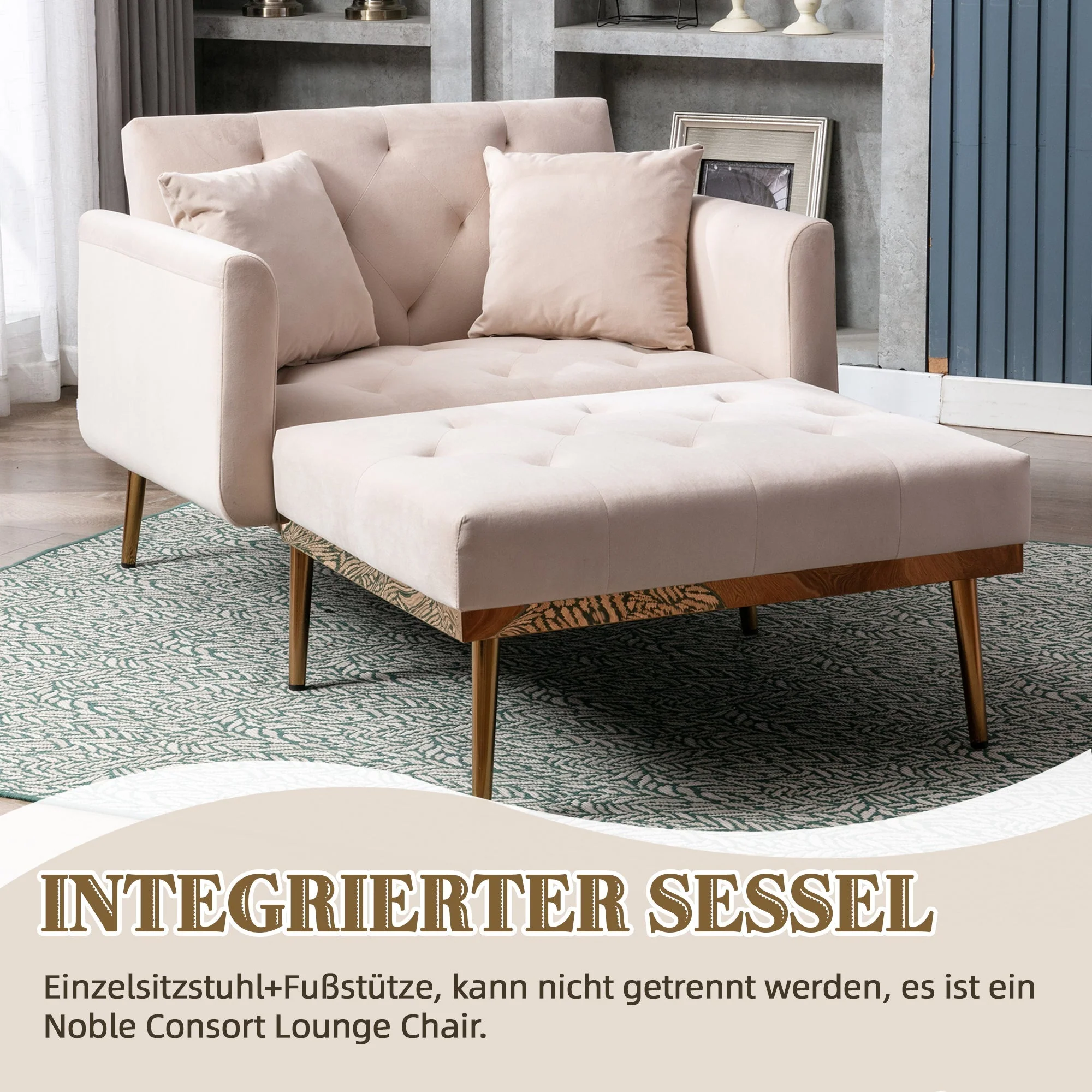 Armchair, Adjustable Backrest Recliner Folding Sofa, Beige - Image 7