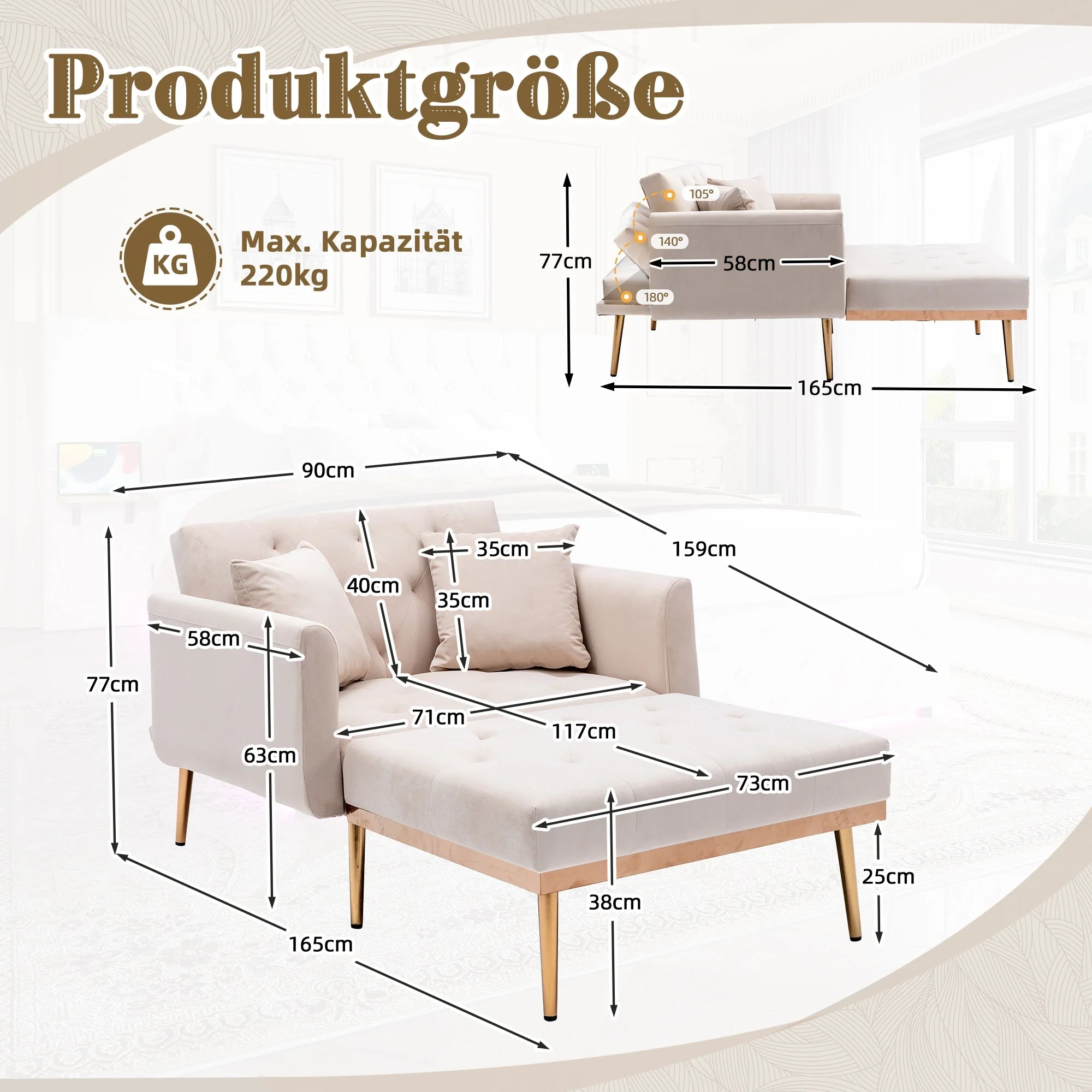 Armchair, Adjustable Backrest Recliner Folding Sofa, Beige - Image 9