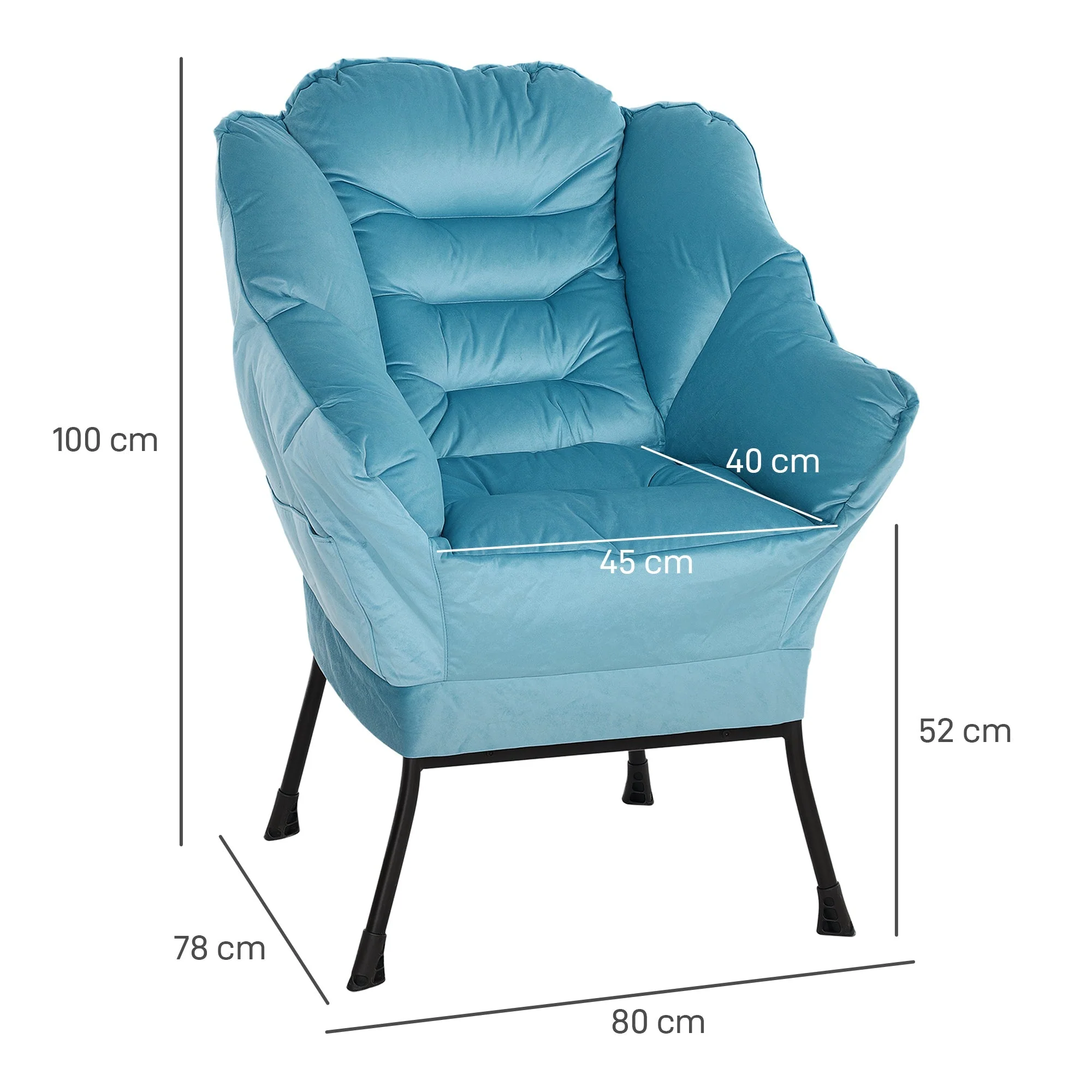 Armchair Lounge Chair, Side Pocket, Steel Legs, Blue - Image 3