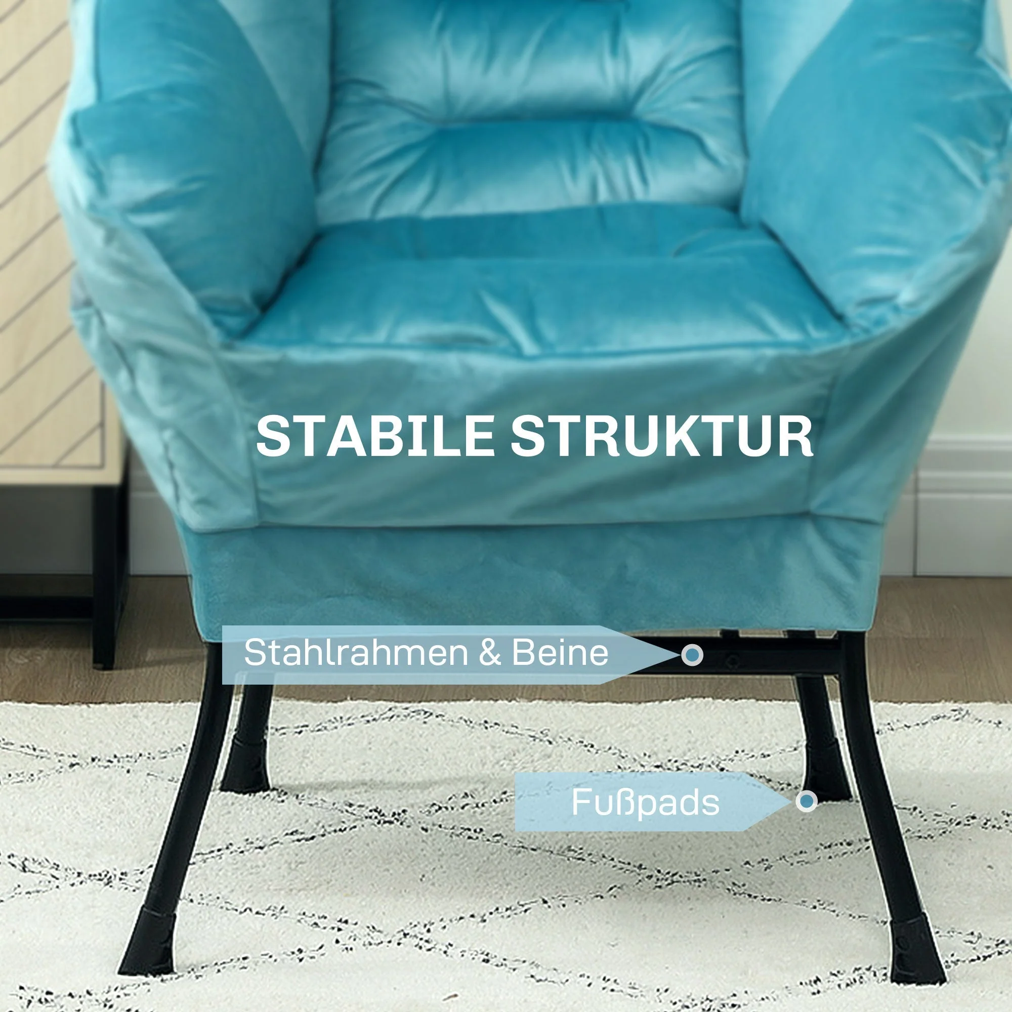 Armchair Lounge Chair, Side Pocket, Steel Legs, Blue - Image 6