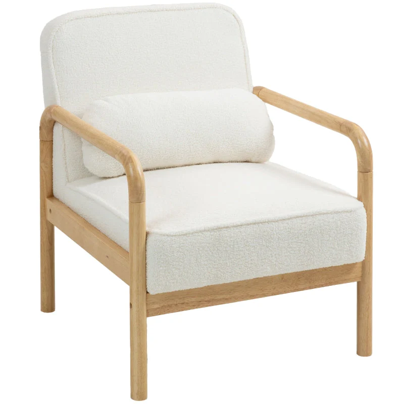 Armchair, Lounge Chair with Armrests, Wooden Legs, Bouclé Look, White - Image 2