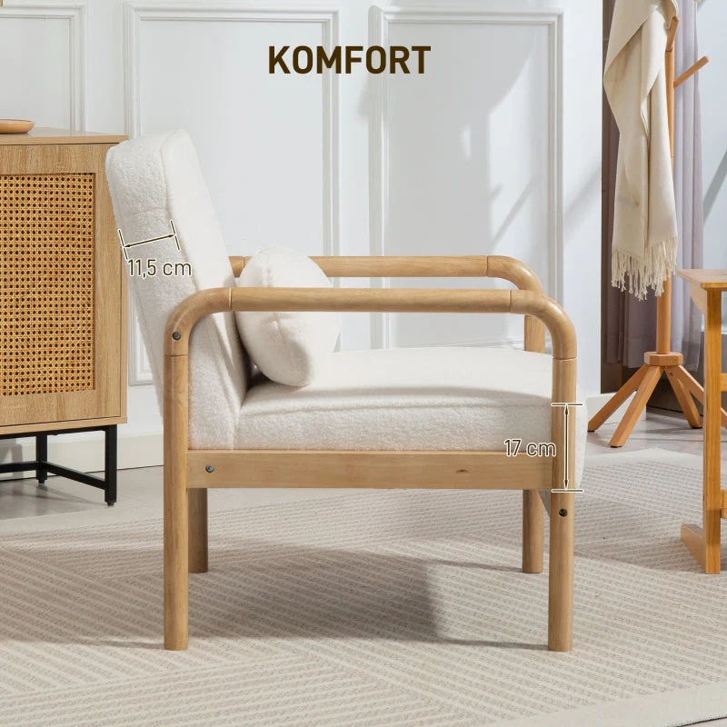 Armchair, Lounge Chair with Armrests, Wooden Legs, Bouclé Look, White - Image 3