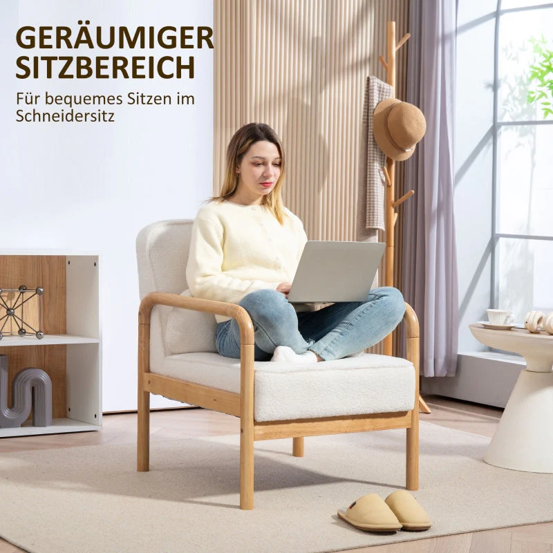 Armchair, Lounge Chair with Armrests, Wooden Legs, Bouclé Look, White - Image 4