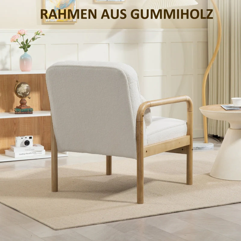 Armchair, Lounge Chair with Armrests, Wooden Legs, Bouclé Look, White - Image 5
