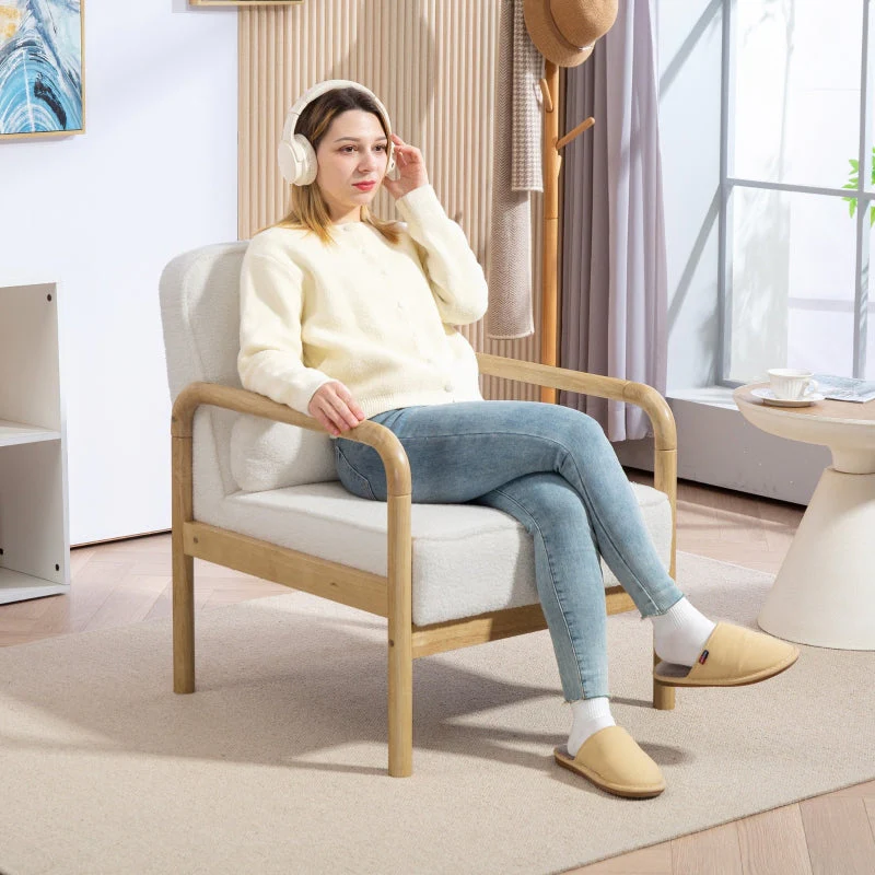 Armchair, Lounge Chair with Armrests, Wooden Legs, Bouclé Look, White - Image 6