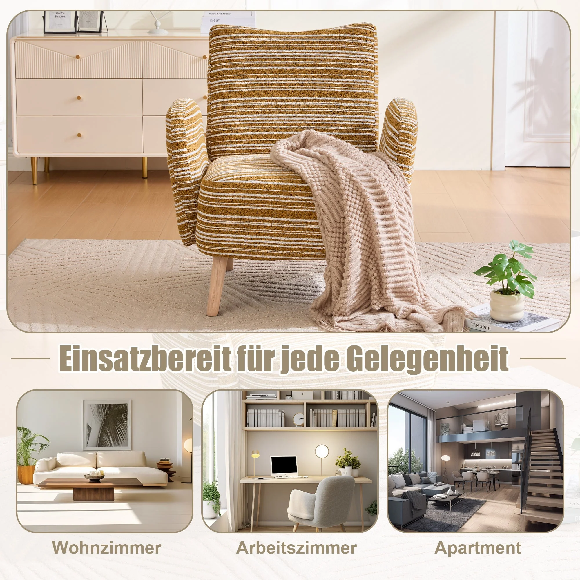 Armchair Modern Circular Pattern Side Pocket Solid Wood Legs - Fabric - Image 6