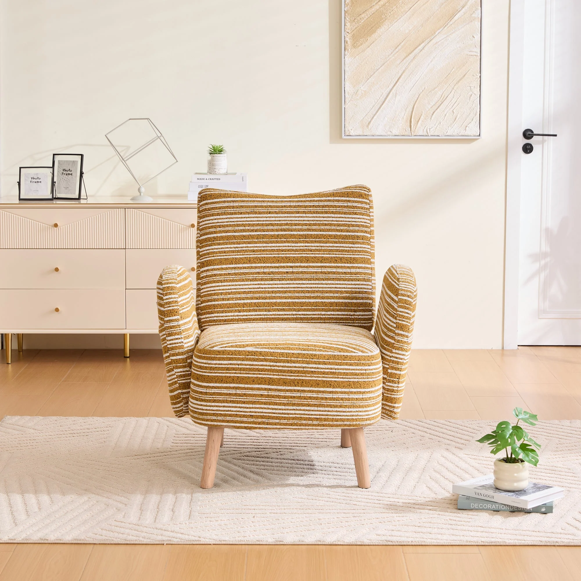 Armchair Modern Circular Pattern Side Pocket Solid Wood Legs - Fabric - Image 8