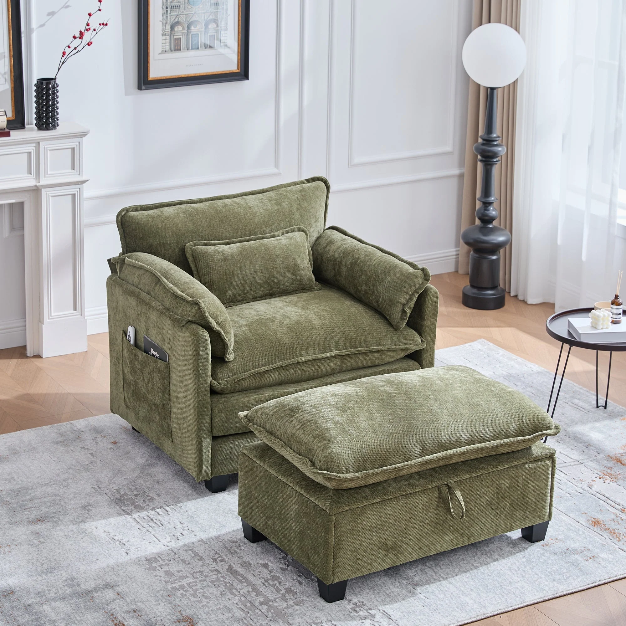 Armchair, Oversized with Footrest, Stool, Side Pockets, Cushions - Velvet - Image 10