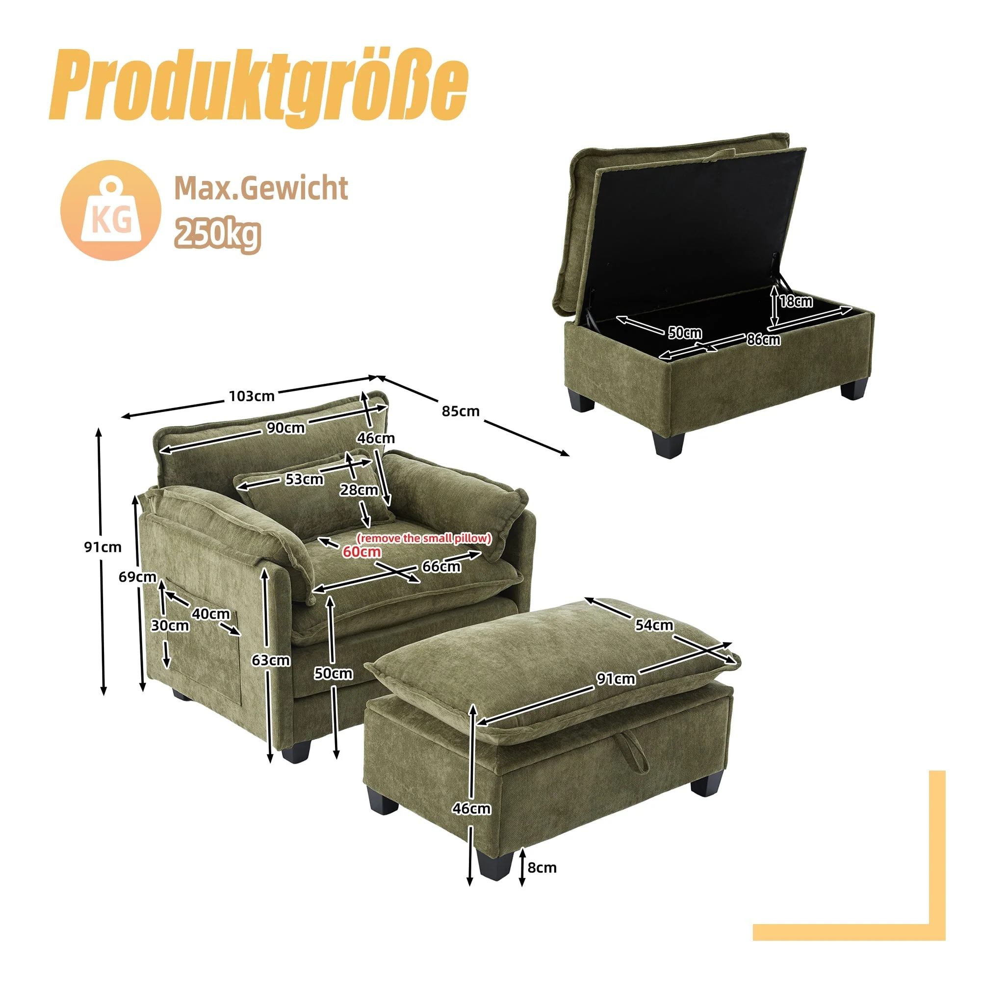 Armchair, Oversized with Footrest, Stool, Side Pockets, Cushions - Velvet - Image 8