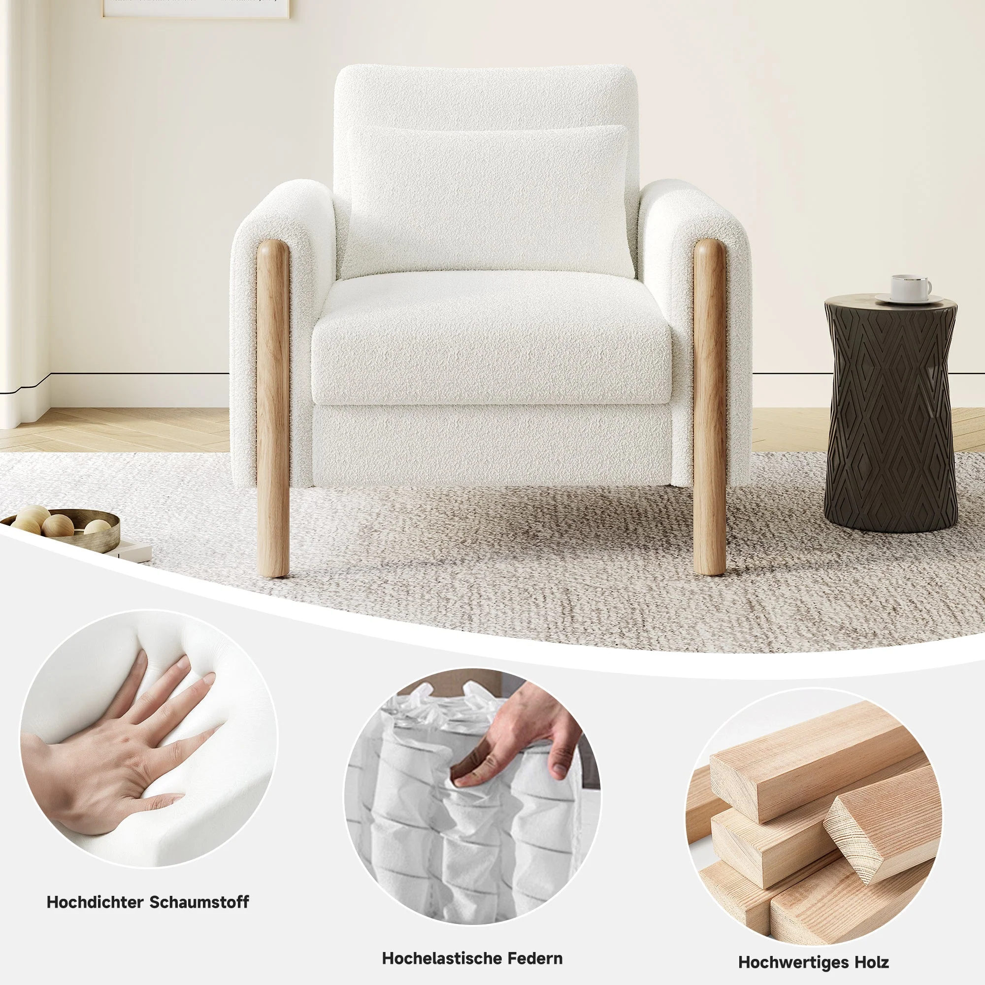 Armchair, Thick Cushion & Soft Upholstery, White - Image 3