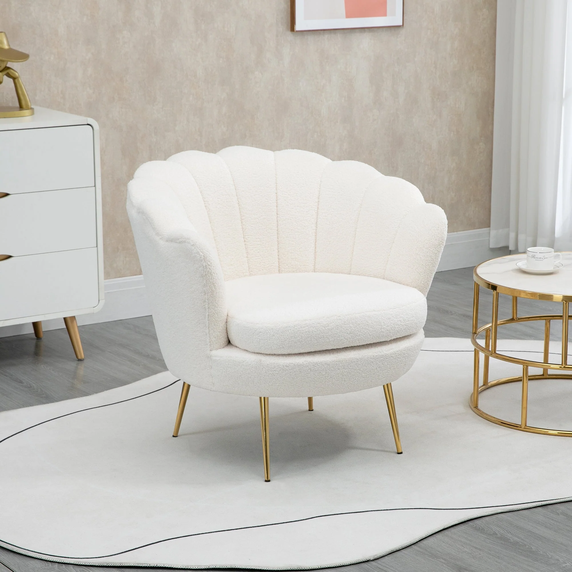 Armchair, Upholstered Shell-Shaped Recliner, Fleece, White