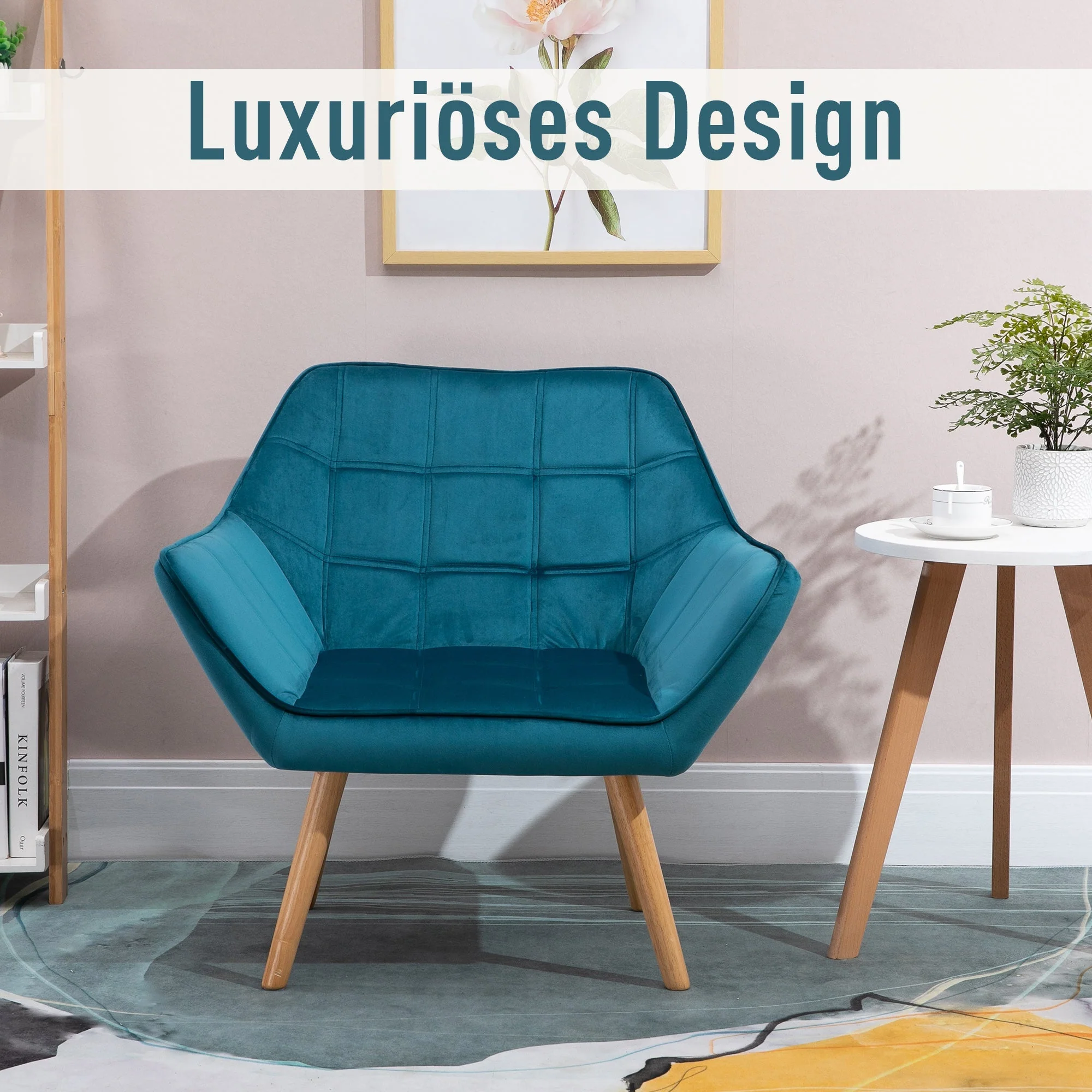 Armchair Wingback Recliner Raised Legs Scandinavian, Light Blue Velvet - Image 6
