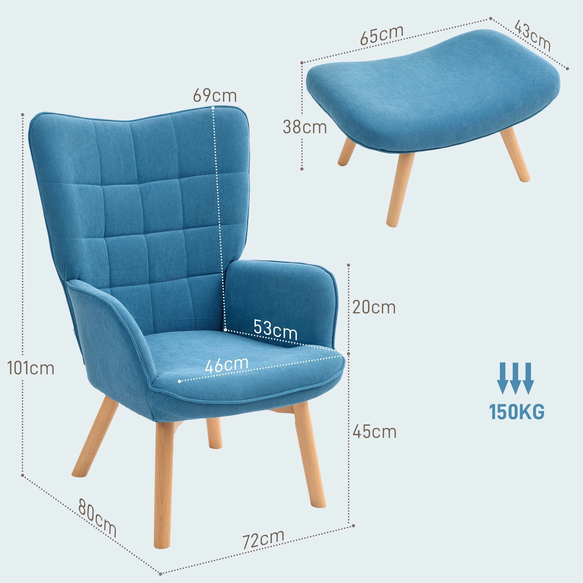 Armchair with Stool, Wingback High Back Tufted Lounge, Blue Corduroy - Image 3