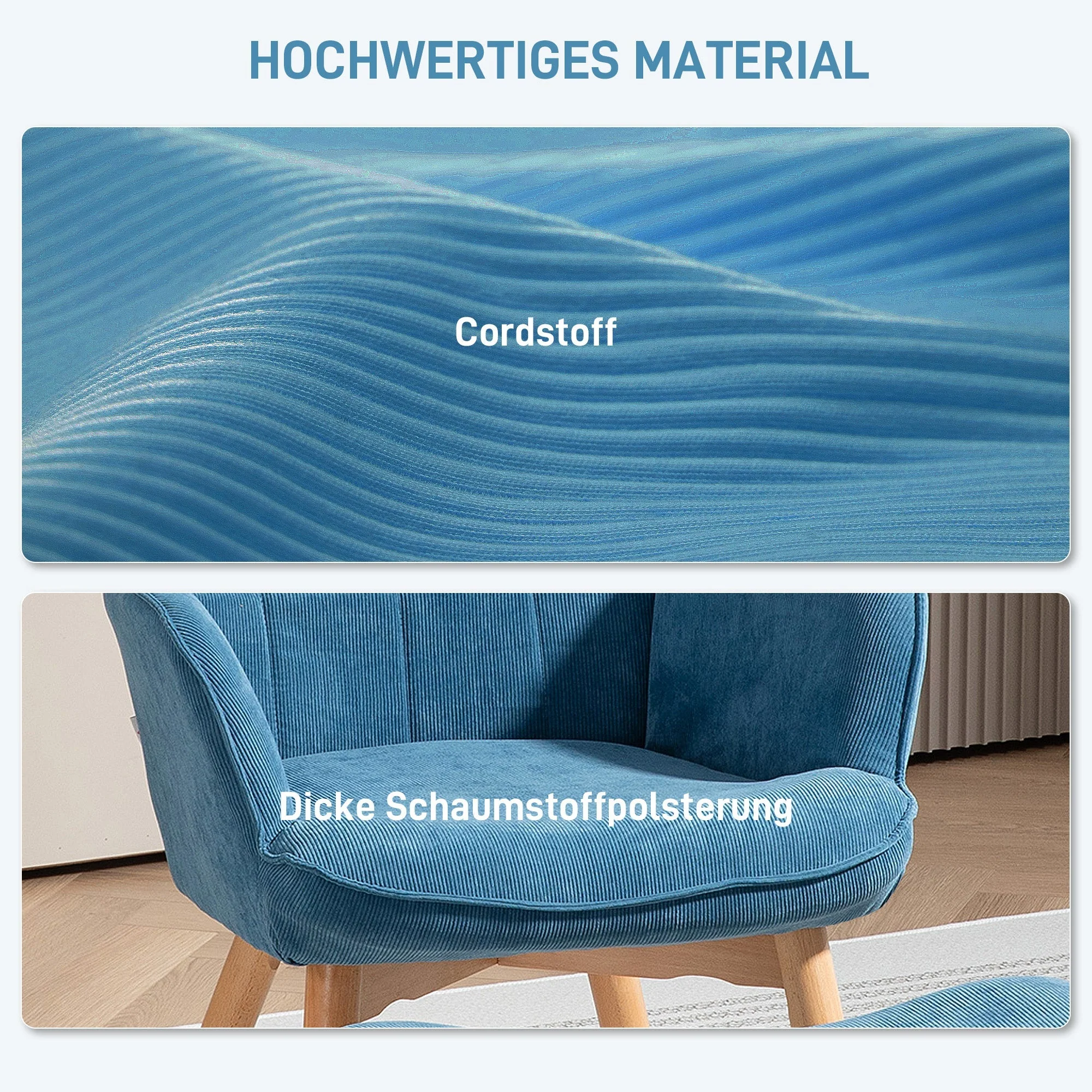 Armchair with Stool, Wingback High Back Tufted Lounge, Blue Corduroy - Image 4