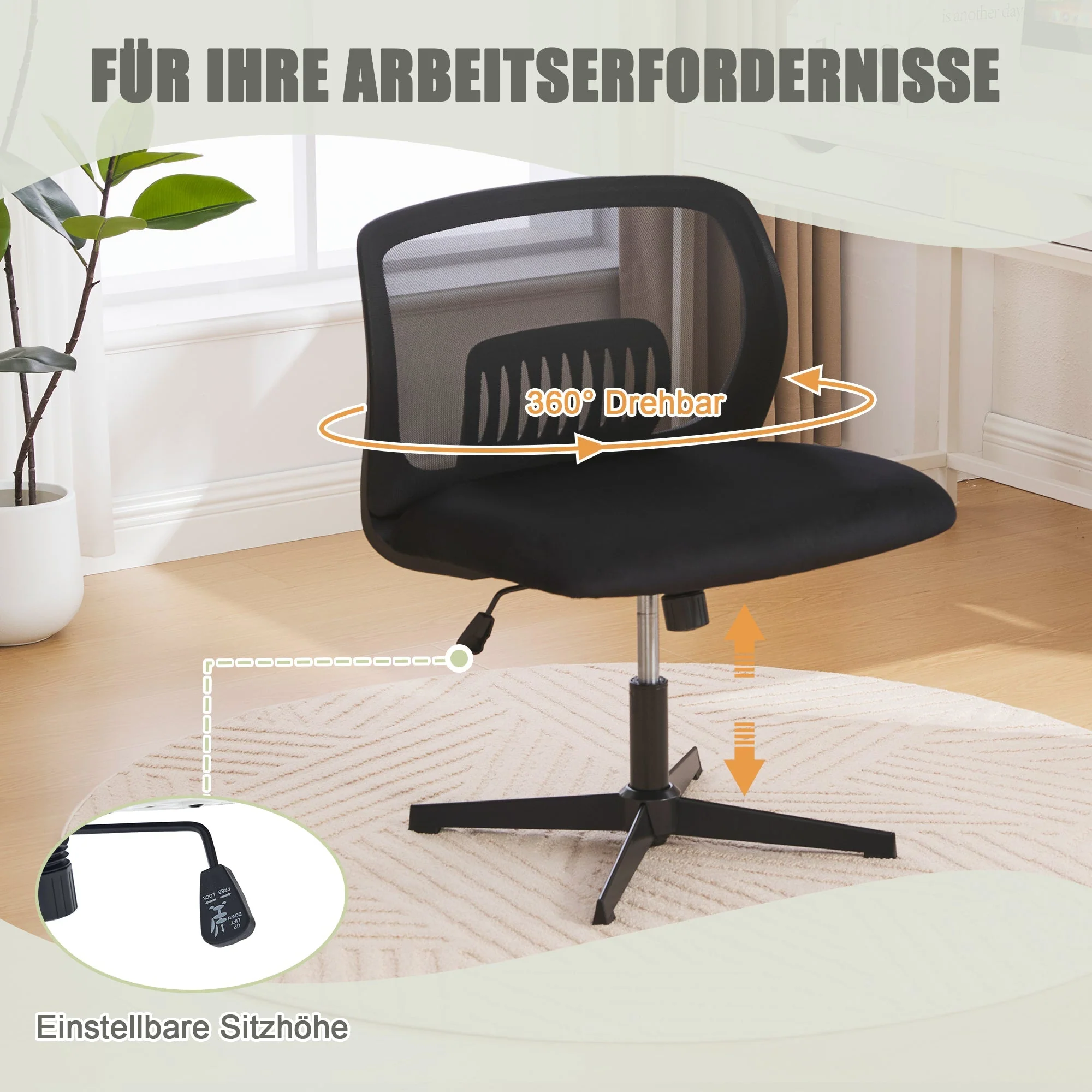 Armless Office Chair, Reading & Living Room Chair, Rocking, Height Adjustable, 360° Rotatable - Image 2