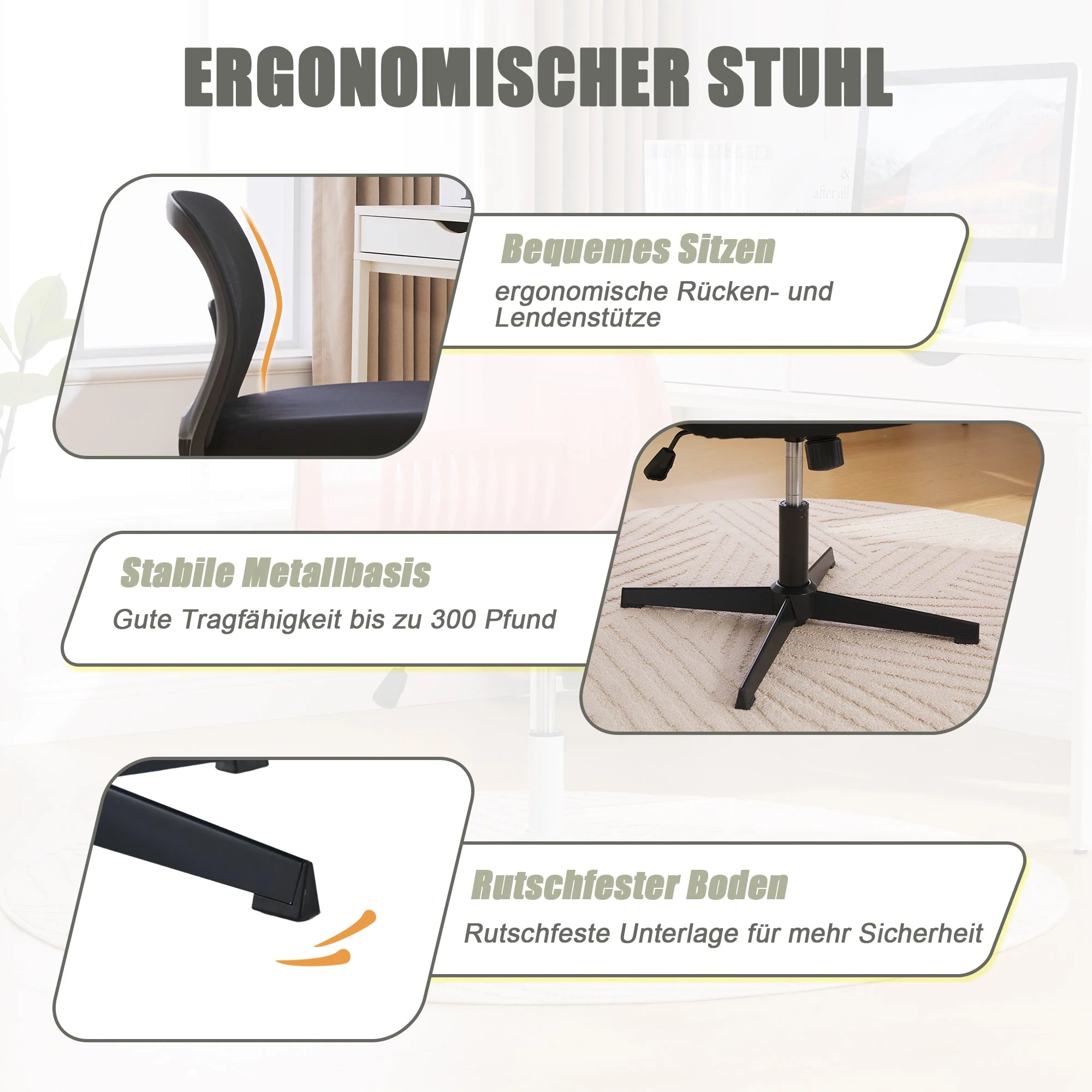 Armless Office Chair, Reading & Living Room Chair, Rocking, Height Adjustable, 360° Rotatable - Image 5