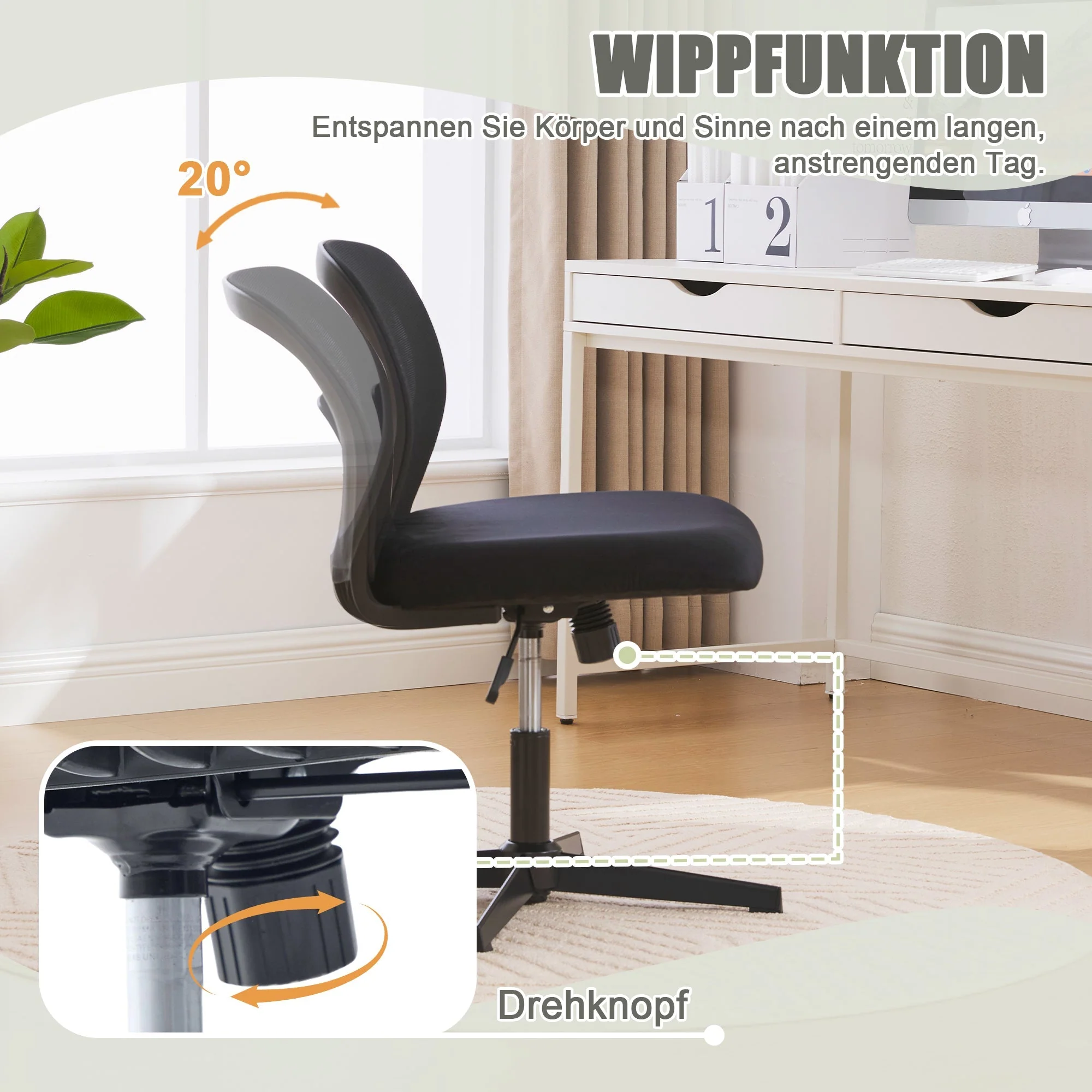 Armless Office Chair, Reading & Living Room Chair, Rocking, Height Adjustable, 360° Rotatable - Image 6