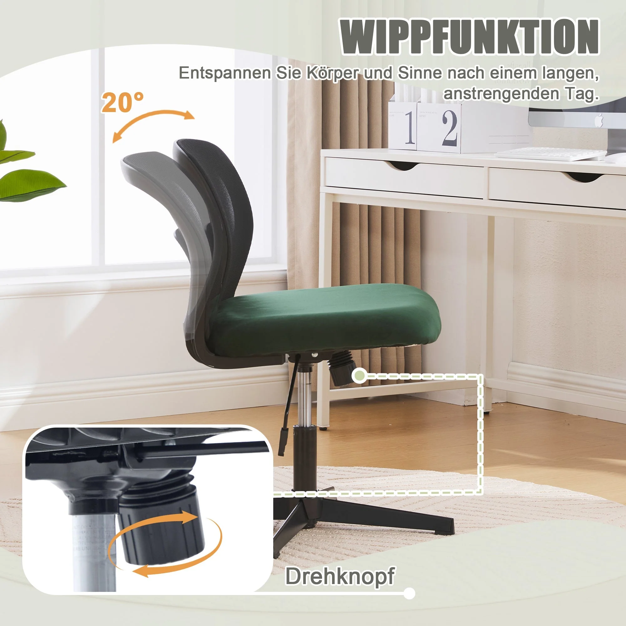 Armless Office Chair, Rocking Function Height Adjustable 360° Rotatable, Wide Upholstery - Image 5