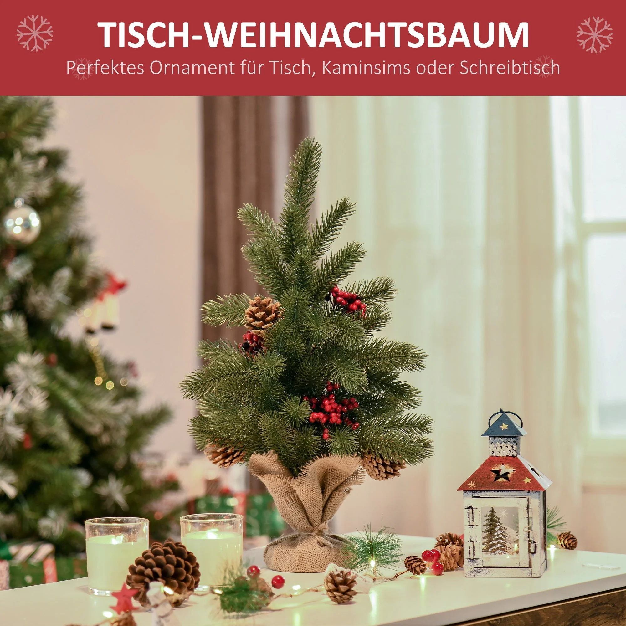 Artificial Christmas Tree 50cm, 55 Branches with Berries & Cones, PE & Cement - Image 6
