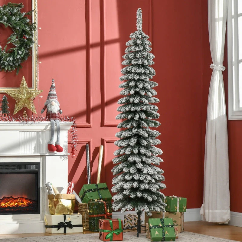 Artificial Christmas Tree, Slim Snow-Covered Fireproof, Green/White